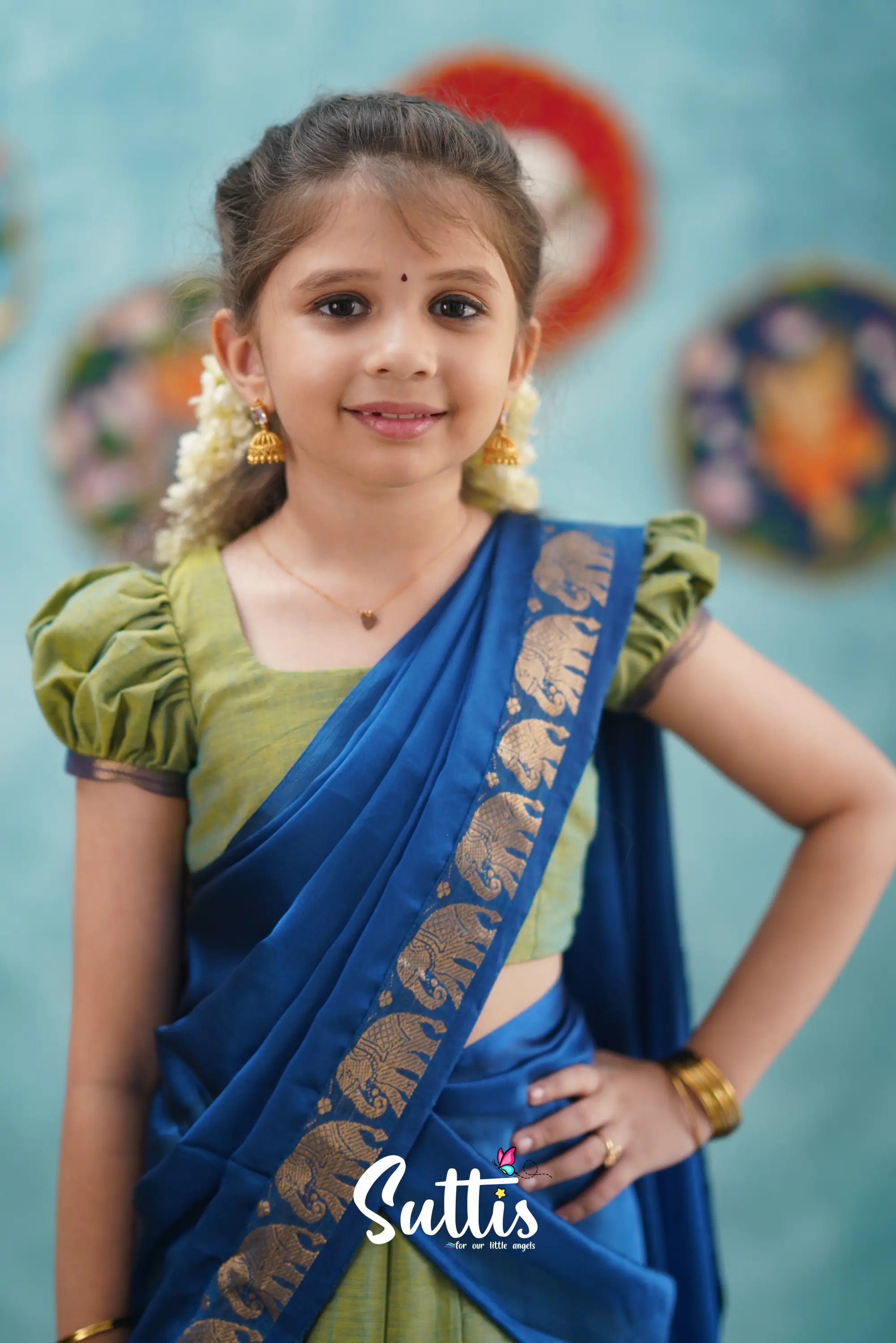 Kumaari - Sea Green And Blue Cotton Halfsaree Kids-Suttis