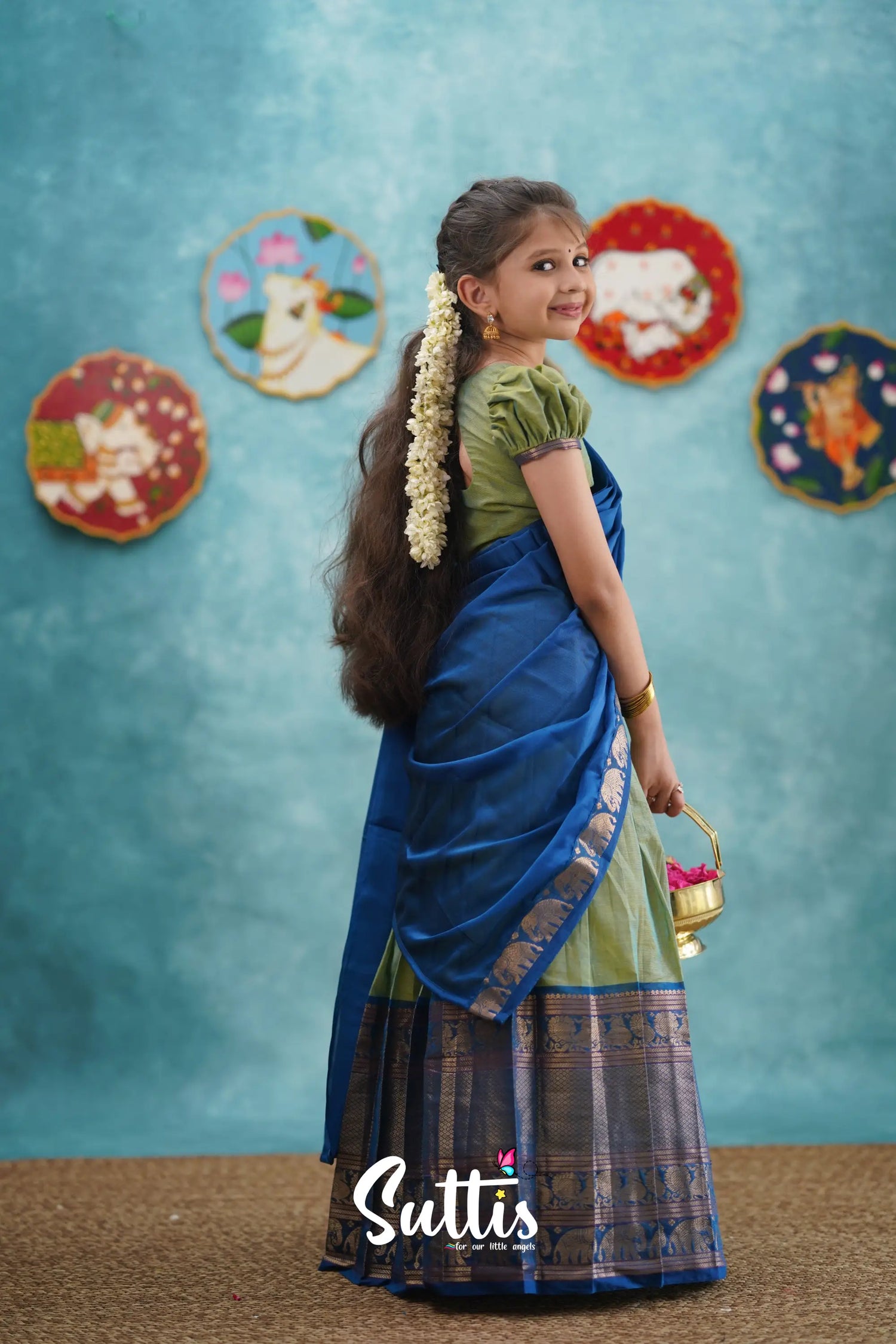 Kumaari - Sea Green And Blue Cotton Halfsaree Kids-Suttis