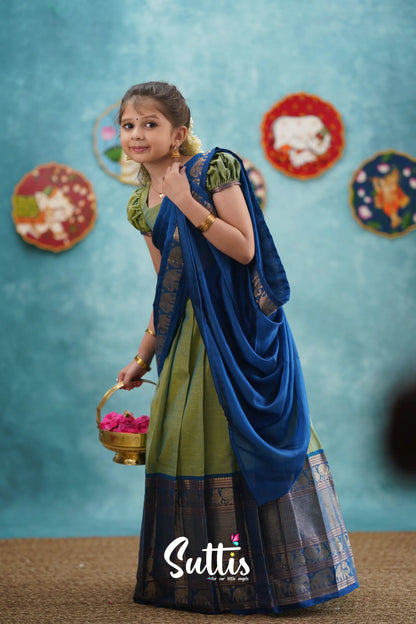 Kumaari - Sea Green And Blue Cotton Halfsaree Kids-Suttis