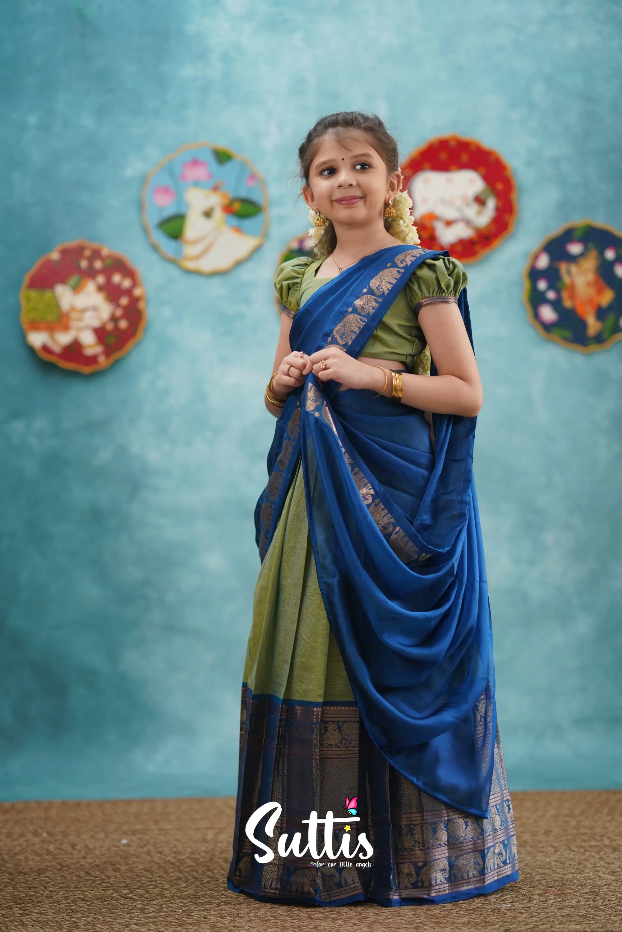 Kumaari - Sea Green And Blue Cotton Halfsaree Kids-Suttis