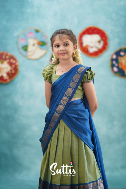 Kumaari - Sea Green And Blue Cotton Halfsaree Kids-Suttis