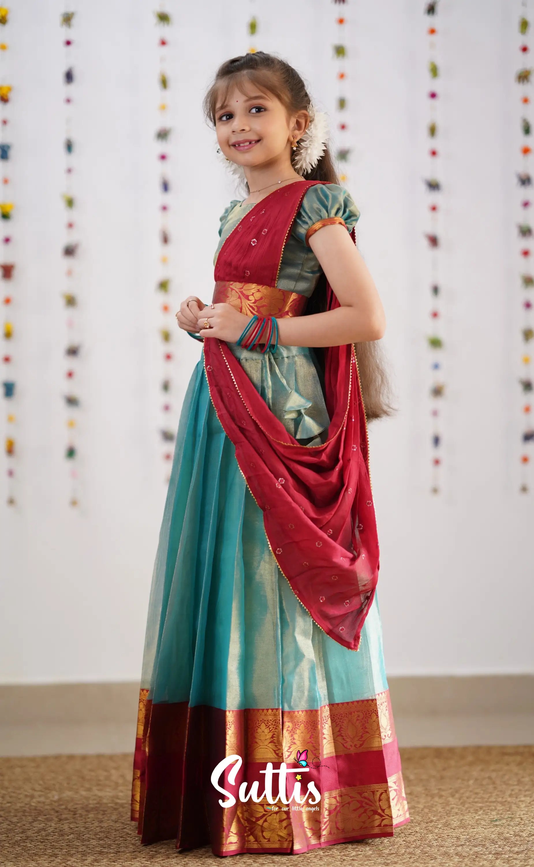 Kumaari Teal Blue Shade And Coral Red Tone Organza Half Saree Kids-Suttis