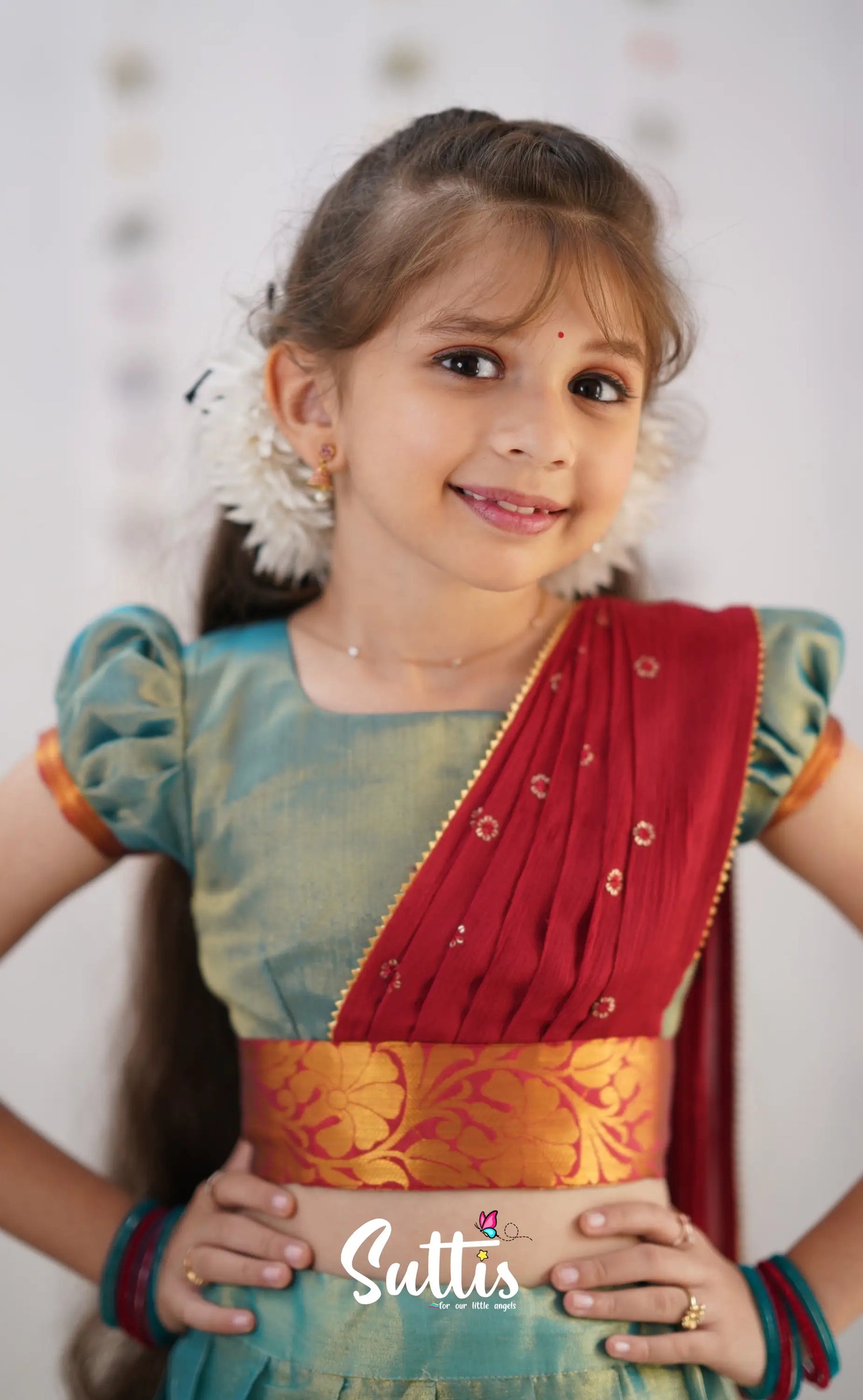 Kumaari Teal Blue Shade And Coral Red Tone Organza Half Saree Kids-Suttis