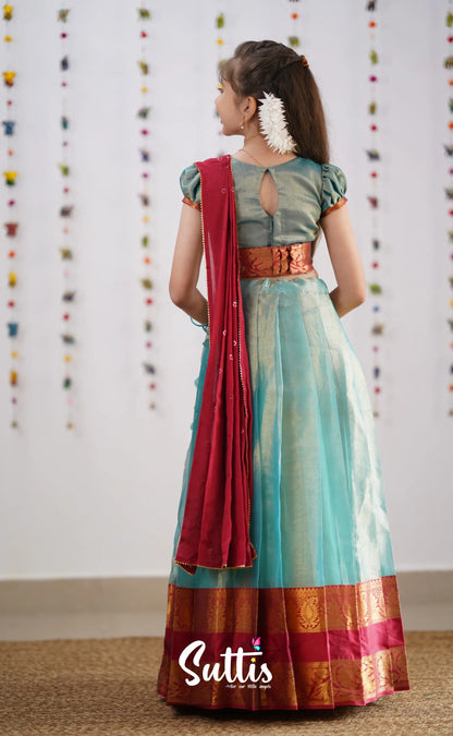 Kumaari Teal Blue Shade And Coral Red Tone Organza Half Saree Kids-Suttis