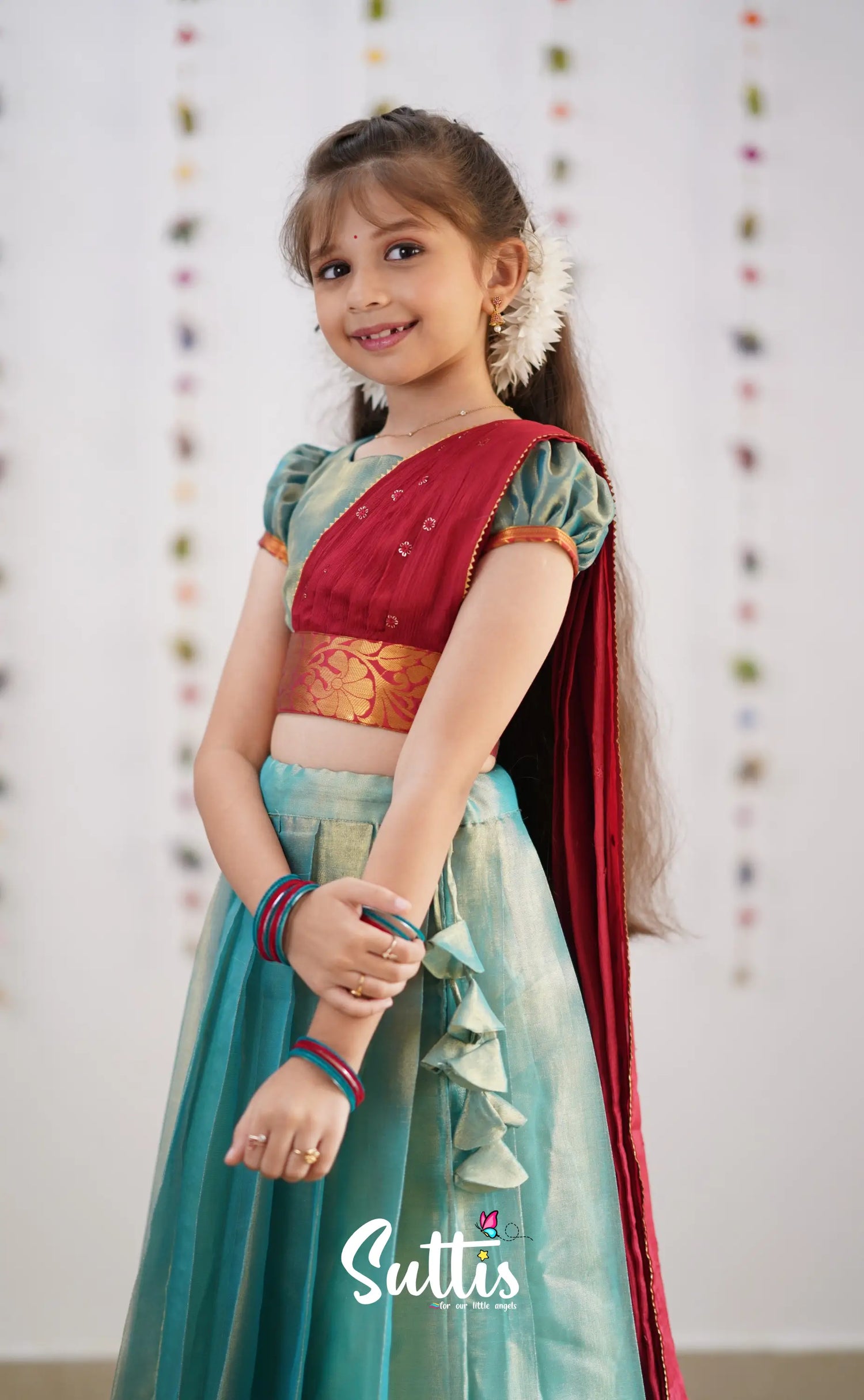 Kumaari Teal Blue Shade And Coral Red Tone Organza Half Saree Kids-Suttis