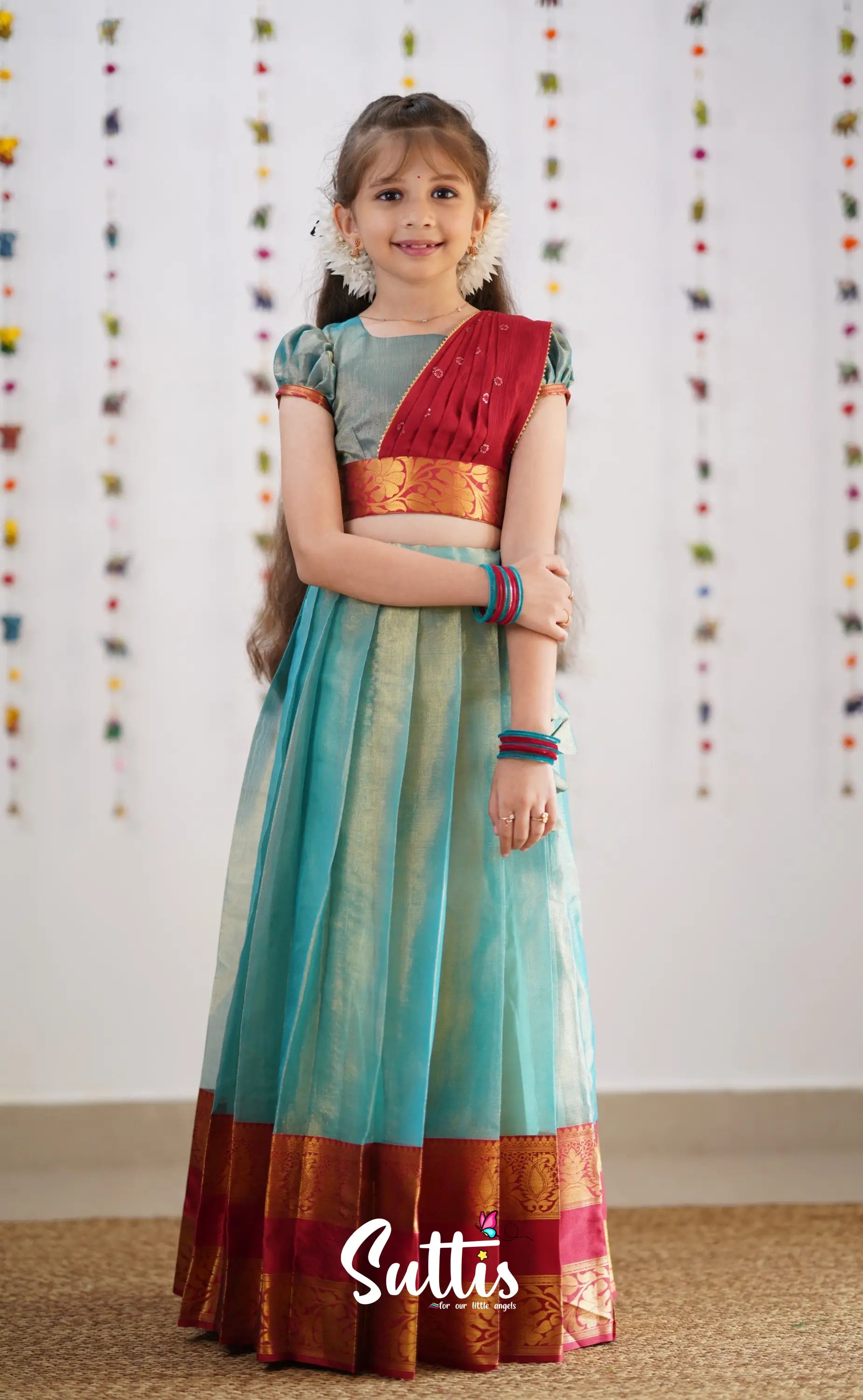 Kumaari Teal Blue Shade And Coral Red Tone Organza Half Saree Kids-Suttis