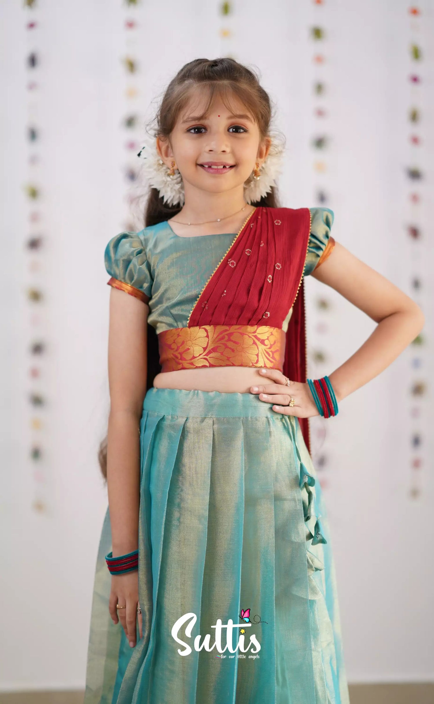 Kumaari Teal Blue Shade And Coral Red Tone Organza Half Saree Kids-Suttis