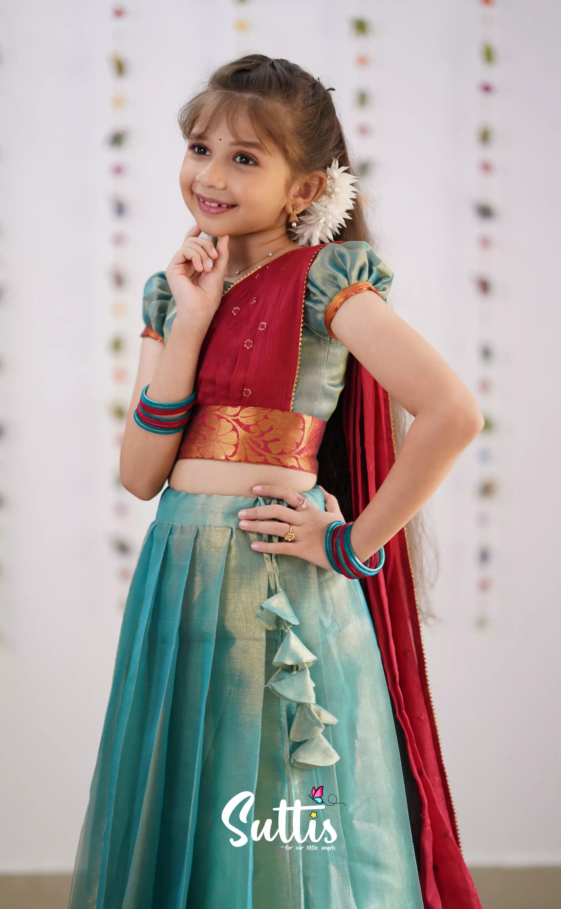 Kumaari Teal Blue Shade And Coral Red Tone Organza Half Saree Kids-Suttis