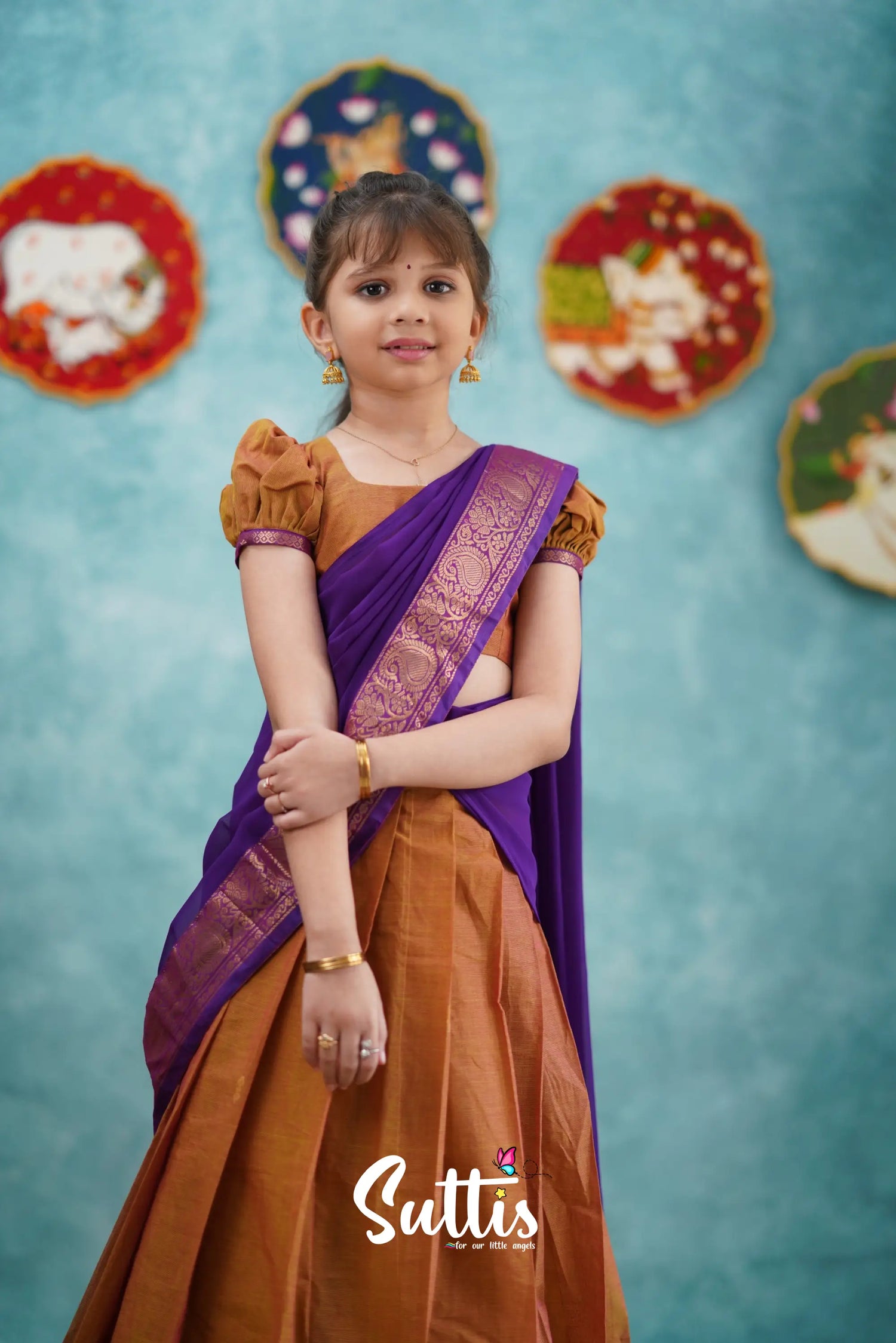 Kumaari - Two Tone Orange And Purple Cotton Halfsaree Kids-Suttis