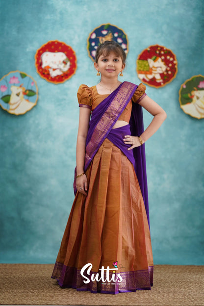 Kumaari - Two Tone Orange And Purple Cotton Halfsaree Kids-Suttis