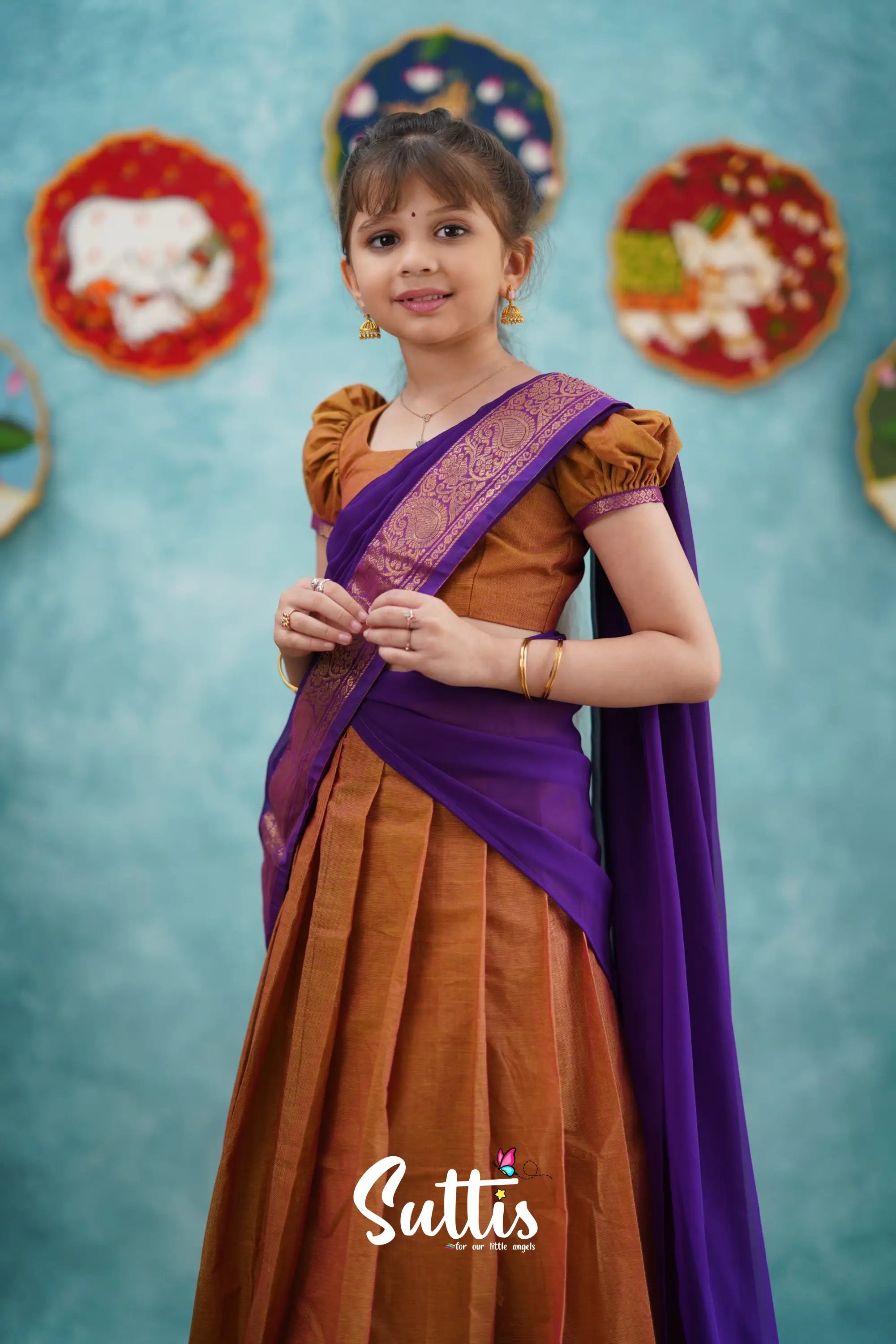 Kumaari - Two Tone Orange And Purple Cotton Halfsaree Kids-Suttis