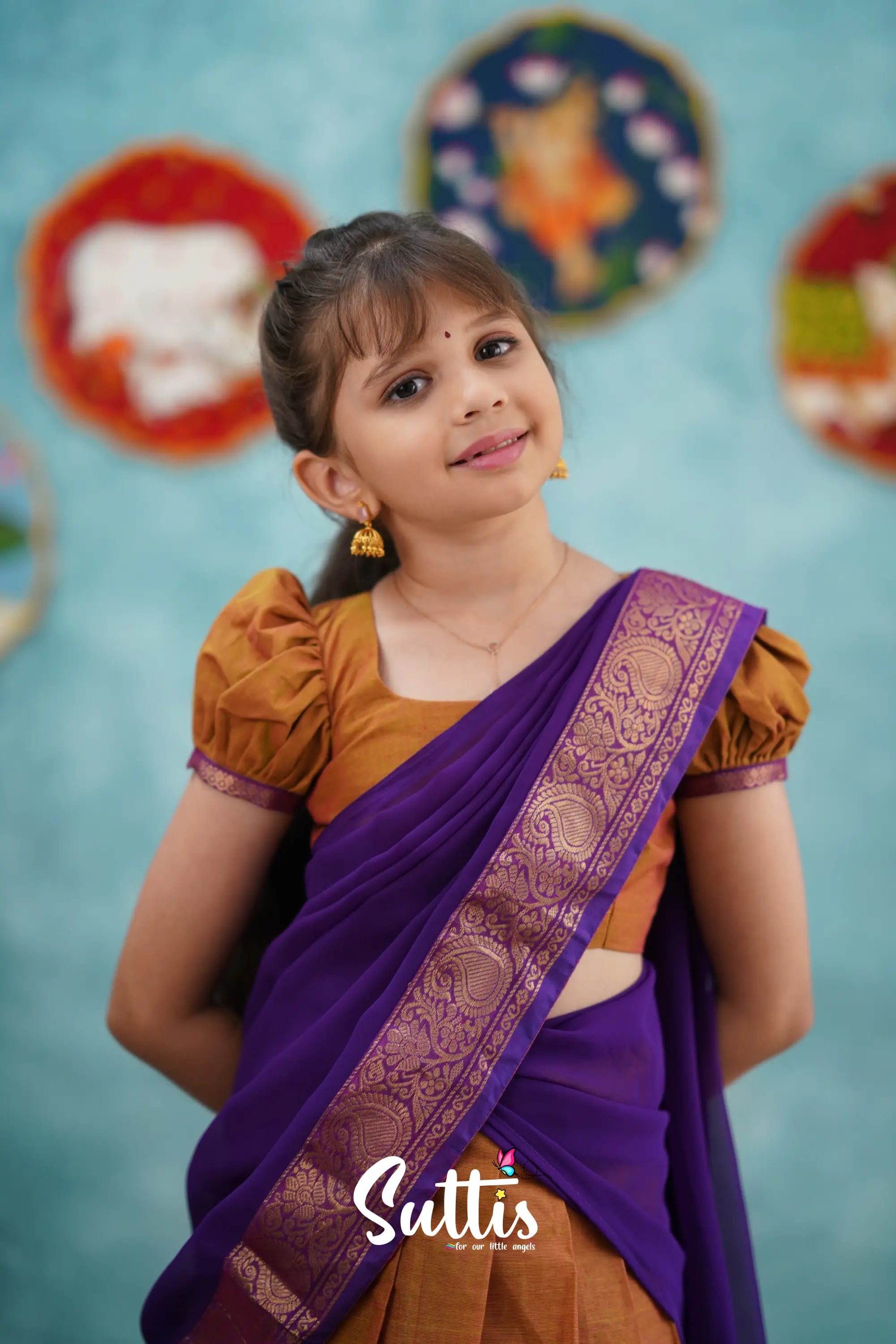 Kumaari - Two Tone Orange And Purple Cotton Halfsaree Kids-Suttis