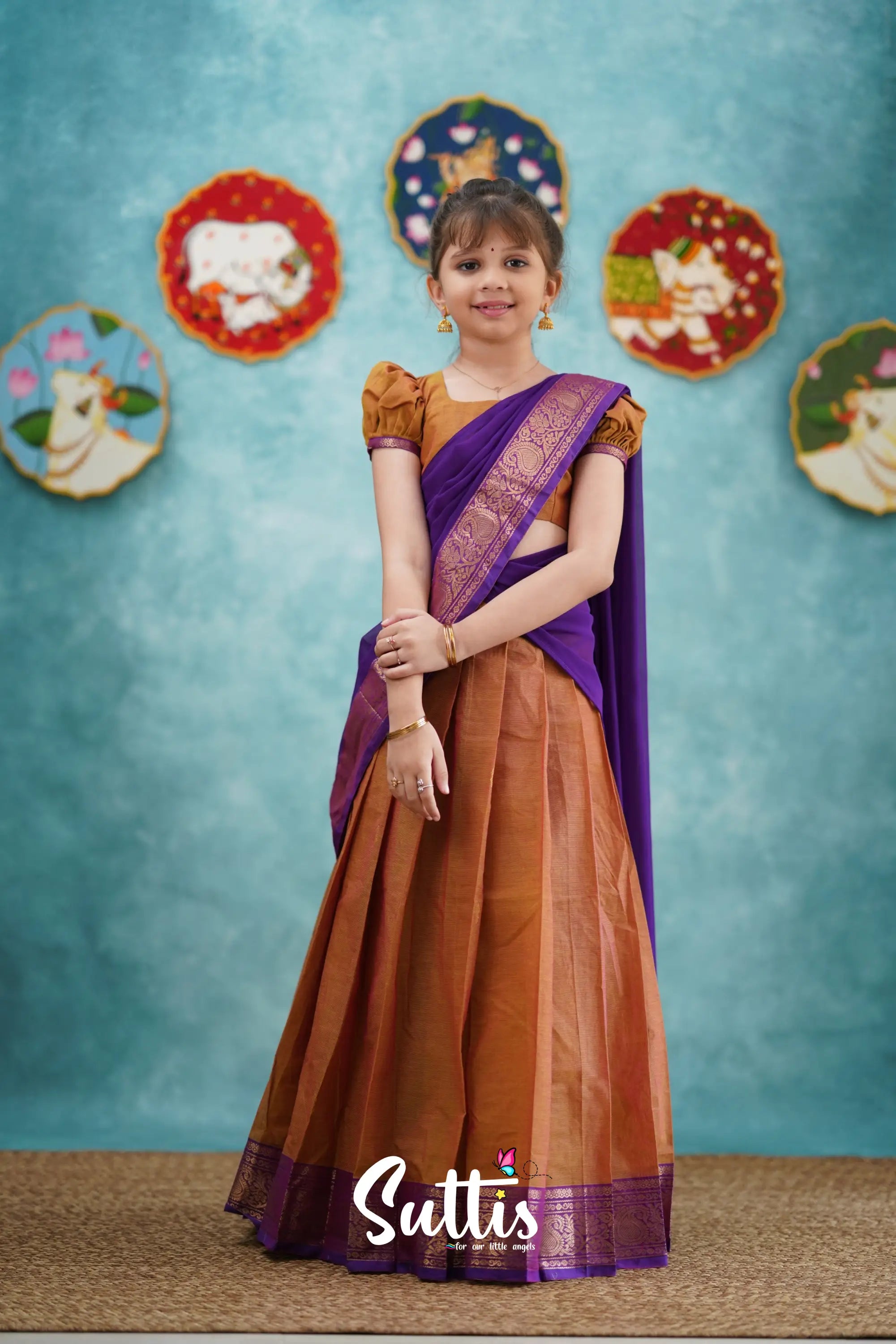 Kumaari - Two Tone Orange And Purple Cotton Halfsaree Kids-Suttis