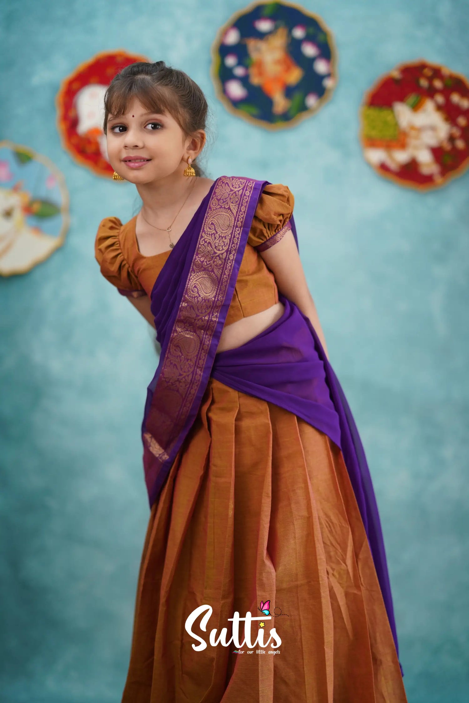 Kumaari - Two Tone Orange And Purple Cotton Halfsaree Kids-Suttis