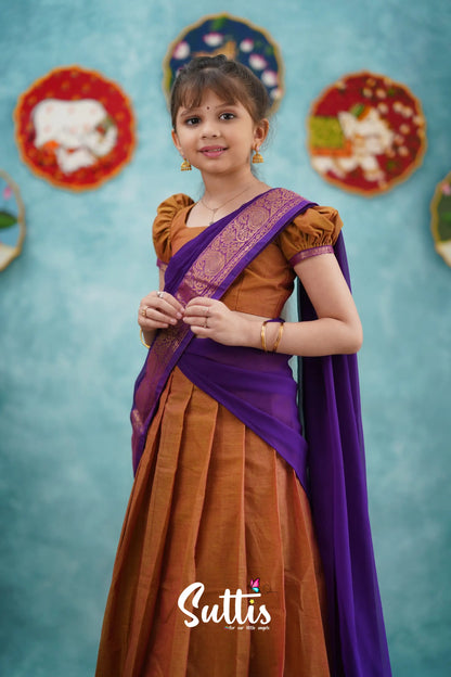 Kumaari - Two Tone Orange And Purple Cotton Halfsaree Kids-Suttis