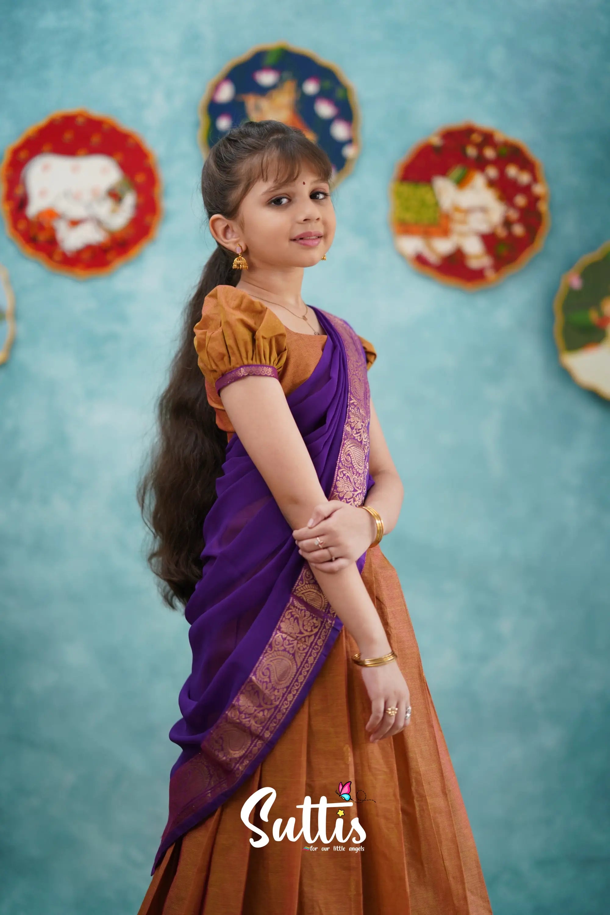 Kumaari - Two Tone Orange And Purple Cotton Halfsaree Kids-Suttis