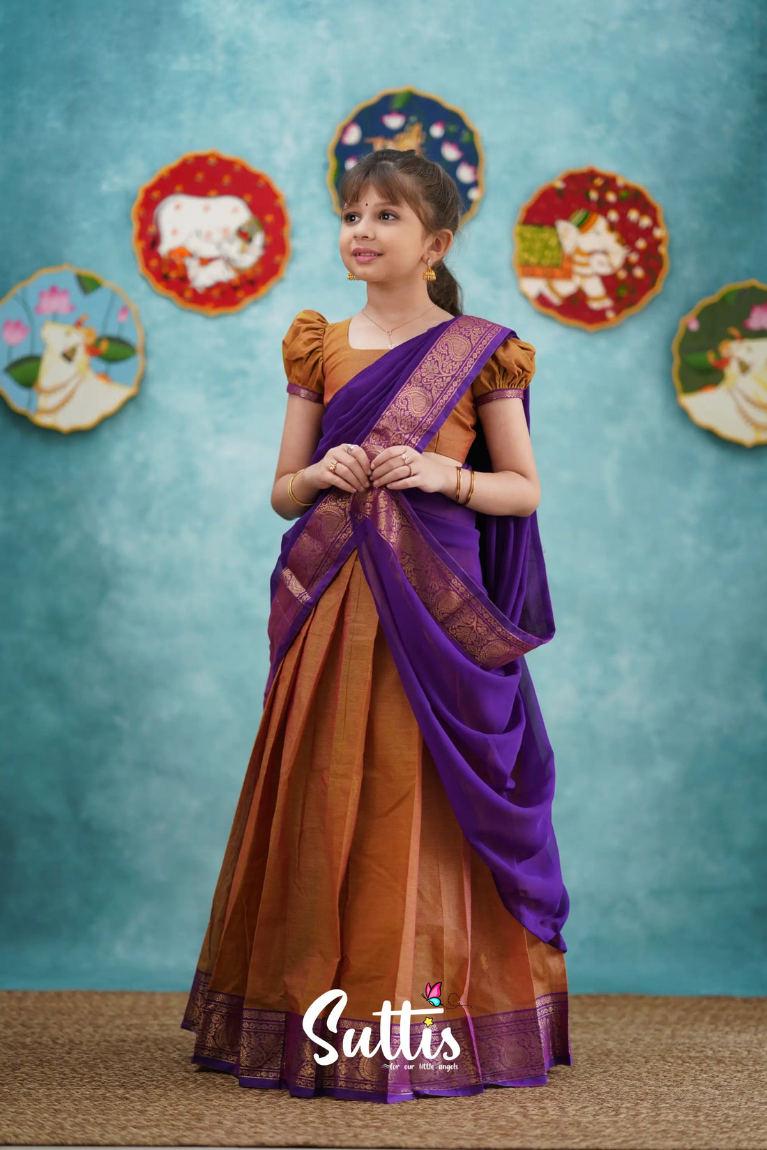 Kumaari - Two Tone Orange And Purple Cotton Halfsaree Kids-Suttis