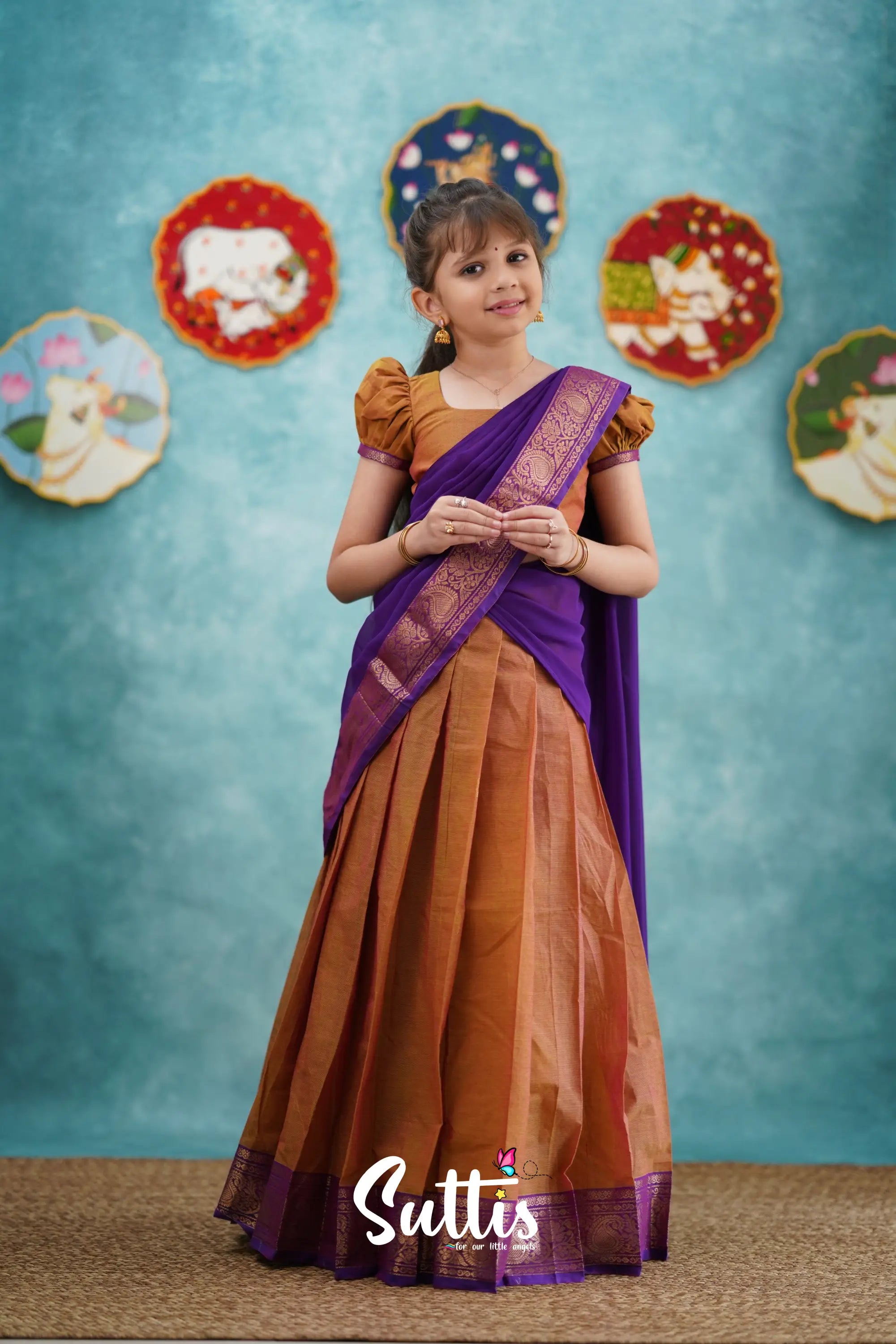 Kumaari - Two Tone Orange And Purple Cotton Halfsaree Kids-Suttis