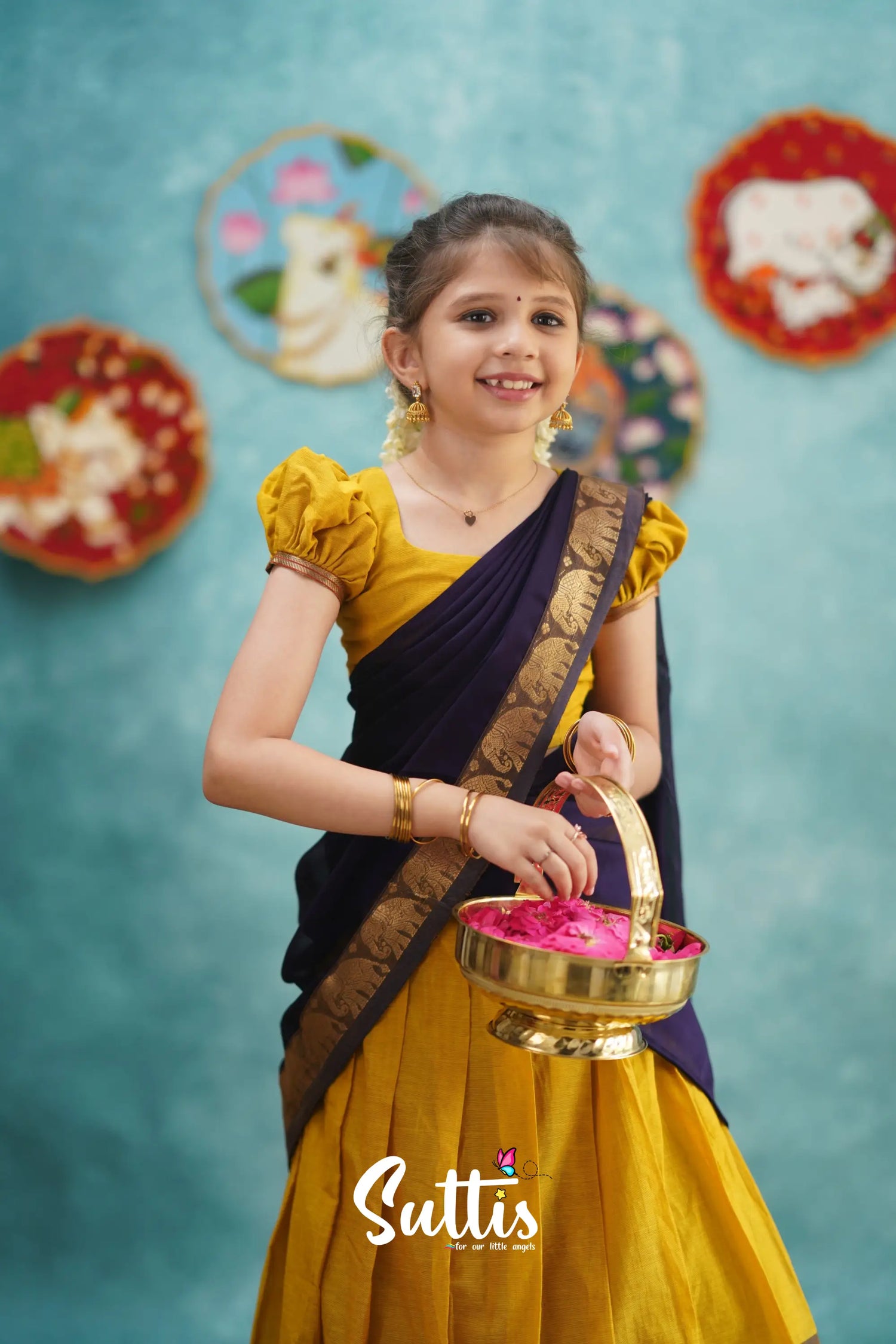 Kumaari - Yellow And Dark Purple Cotton Halfsaree Kids-Suttis