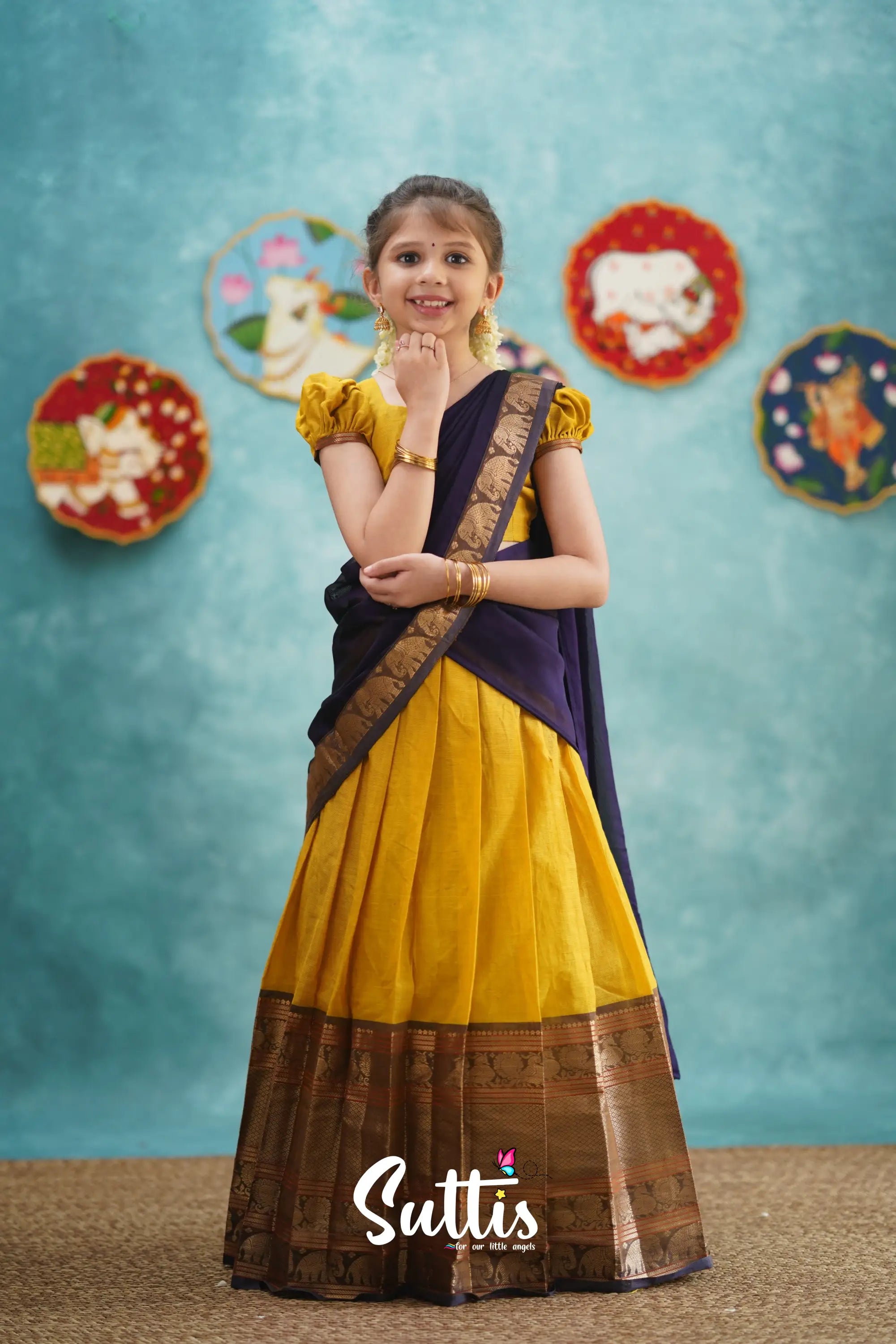 Kumaari - Yellow And Dark Purple Cotton Halfsaree Kids-Suttis