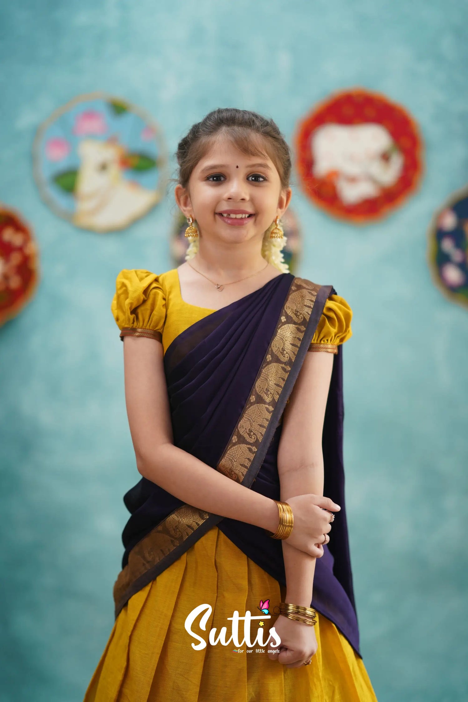 Kumaari - Yellow And Dark Purple Cotton Halfsaree Kids-Suttis