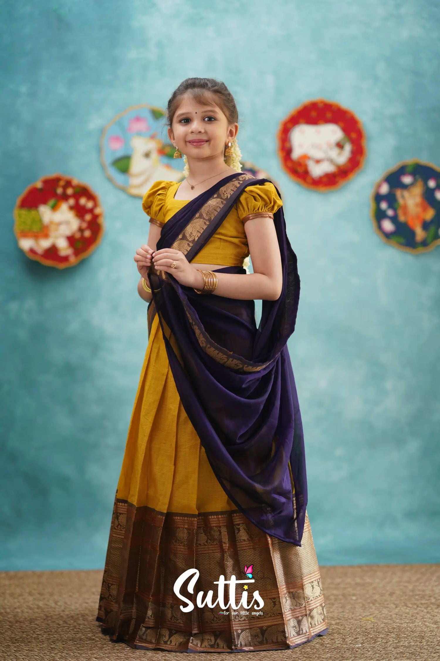 Kumaari - Yellow And Dark Purple Cotton Halfsaree Kids-Suttis