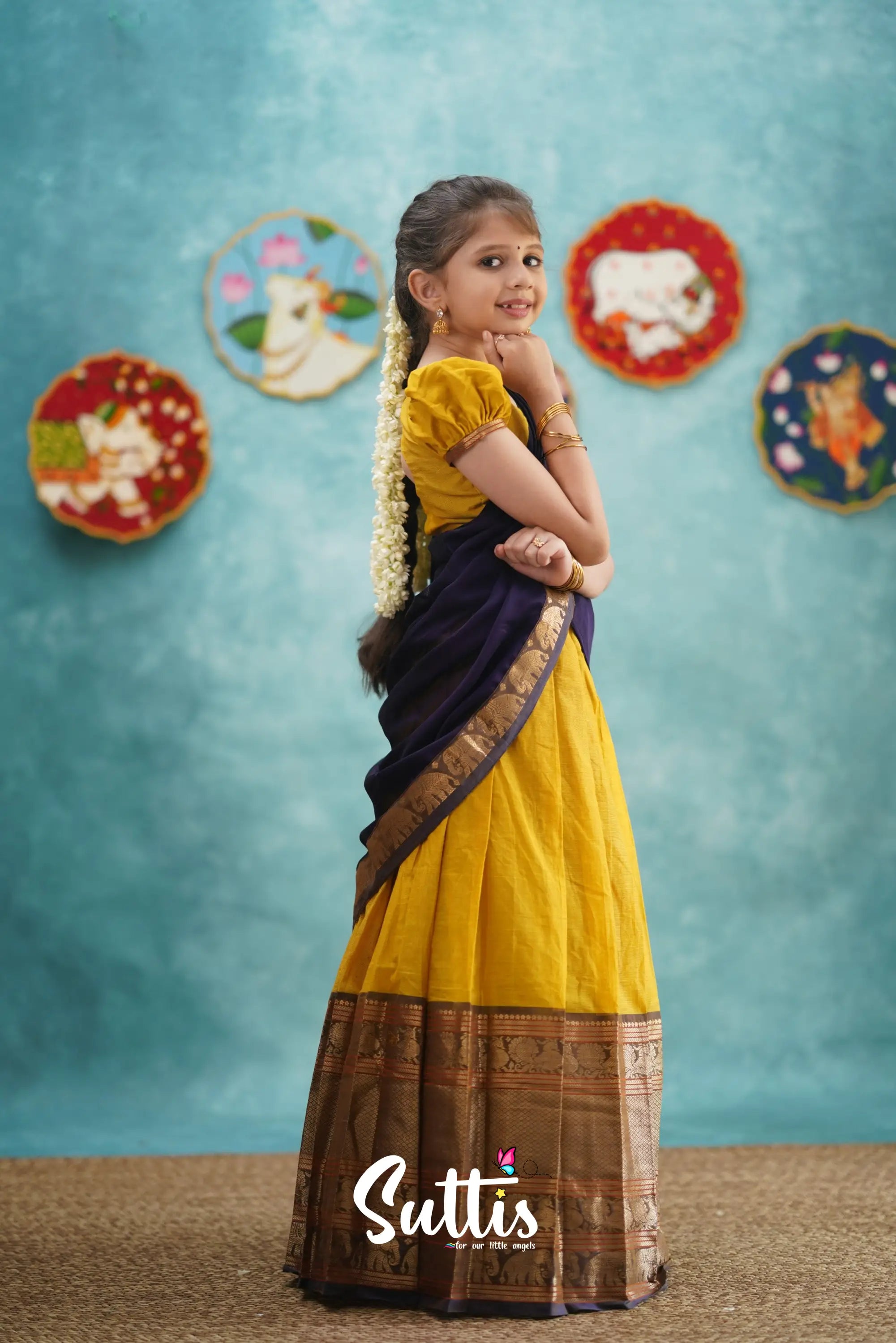 Kumaari - Yellow And Dark Purple Cotton Halfsaree Kids-Suttis