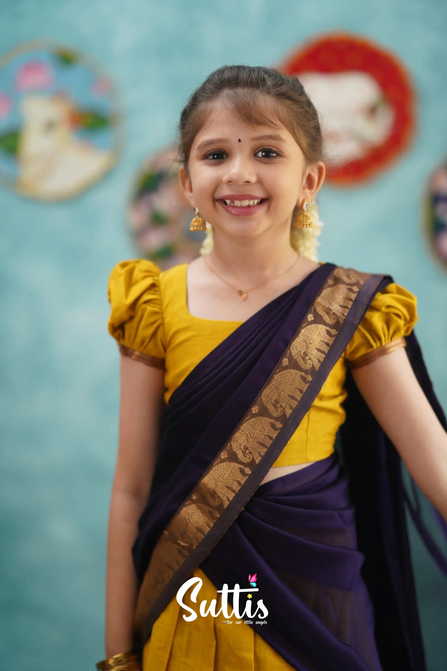 Kumaari - Yellow And Dark Purple Cotton Halfsaree Kids-Suttis