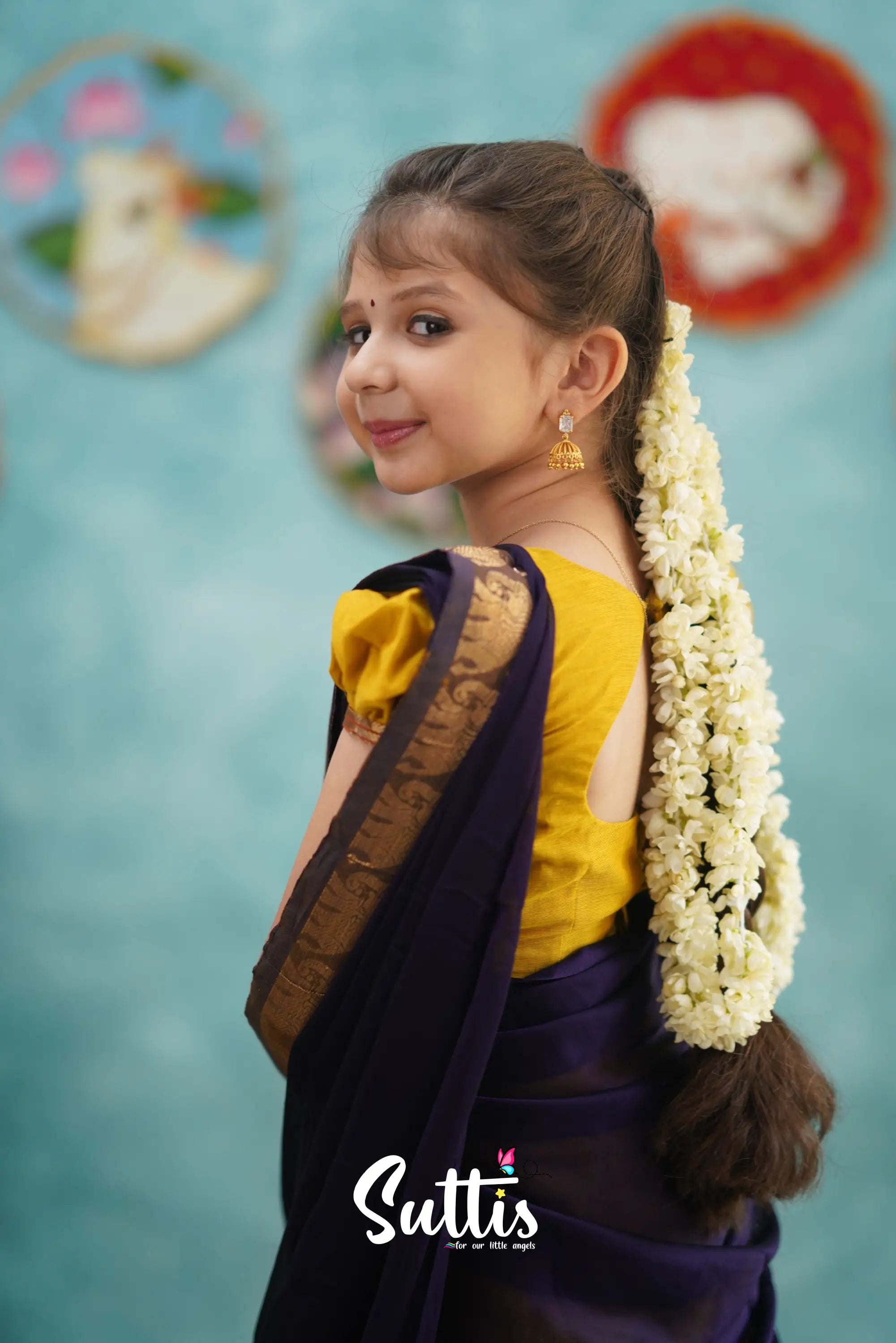 Kumaari - Yellow And Dark Purple Cotton Halfsaree Kids-Suttis