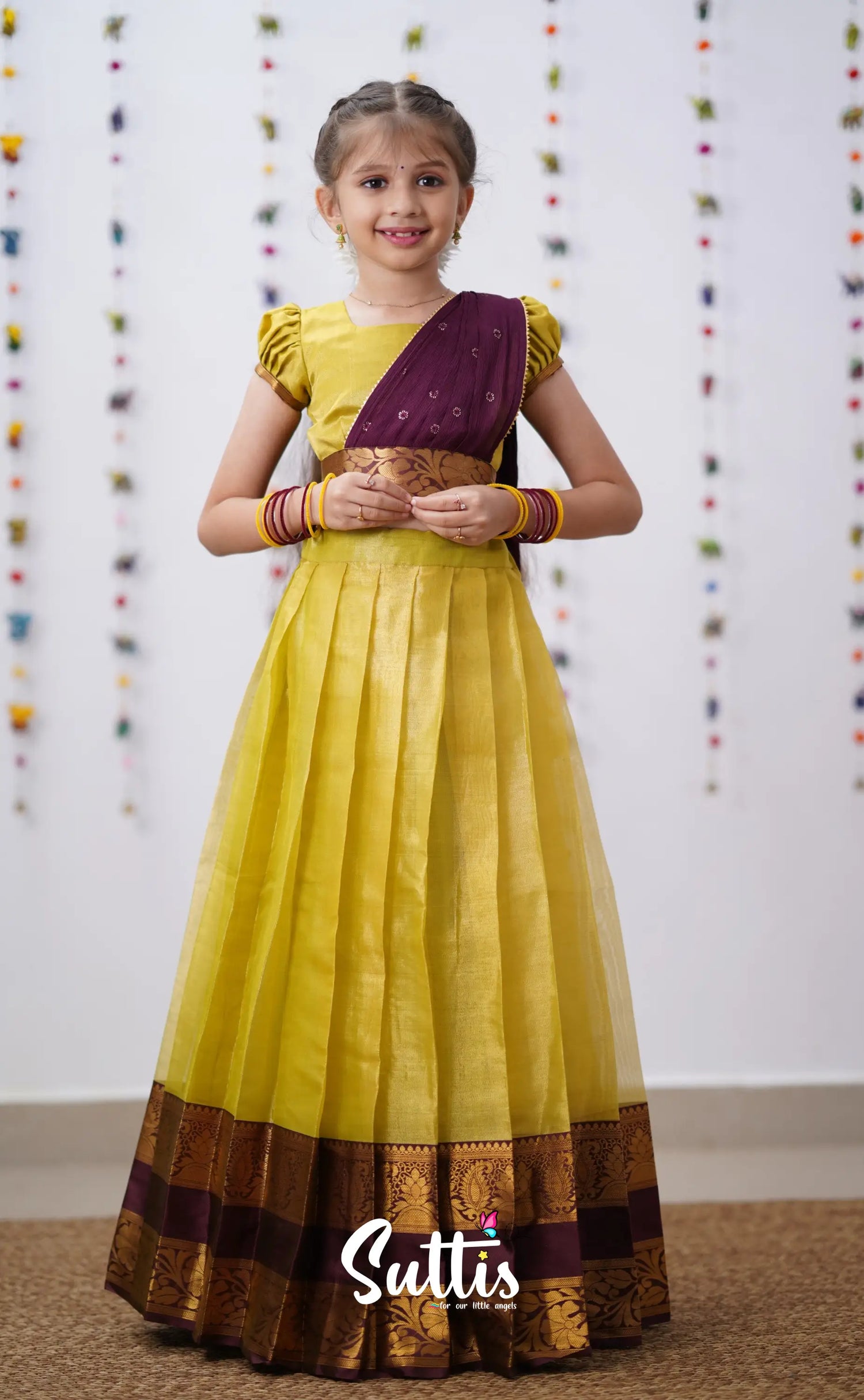 Kumaari Yellowish Green Shade And Brownish Maroon Tone Organza Half Saree Kids-Suttis