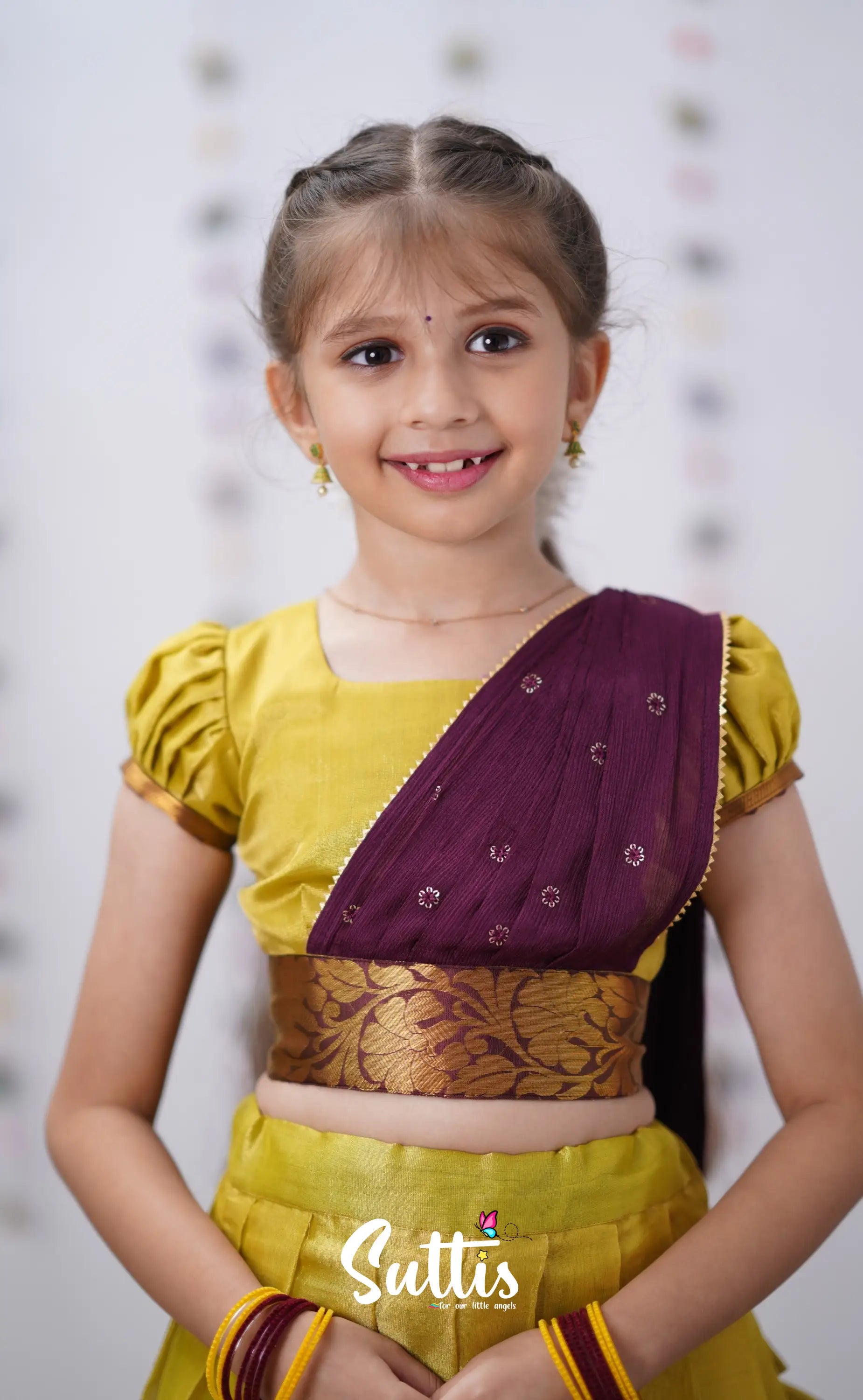 Kumaari Yellowish Green Shade And Brownish Maroon Tone Organza Half Saree Kids-Suttis