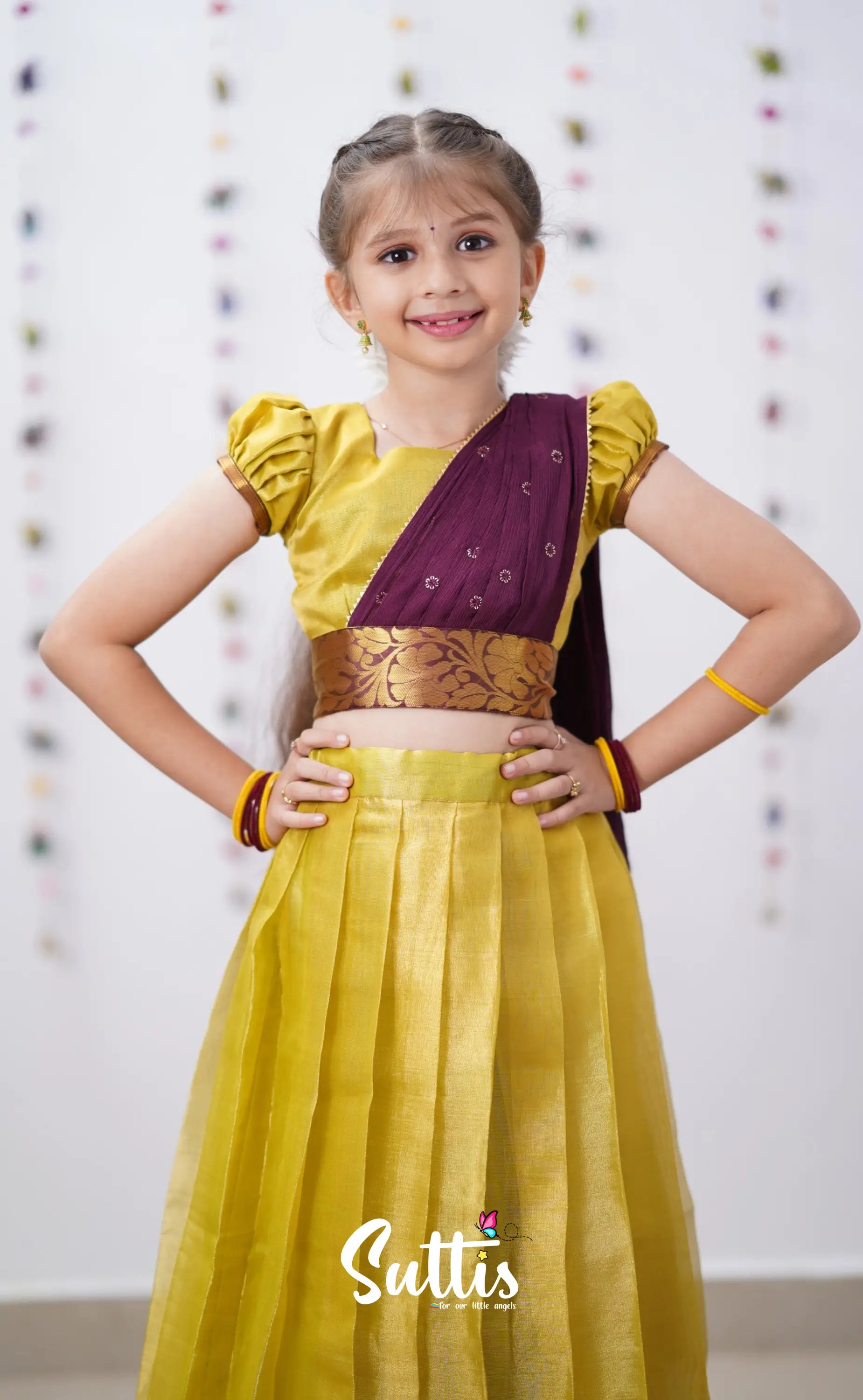 Kumaari Yellowish Green Shade And Brownish Maroon Tone Organza Half Saree Kids-Suttis