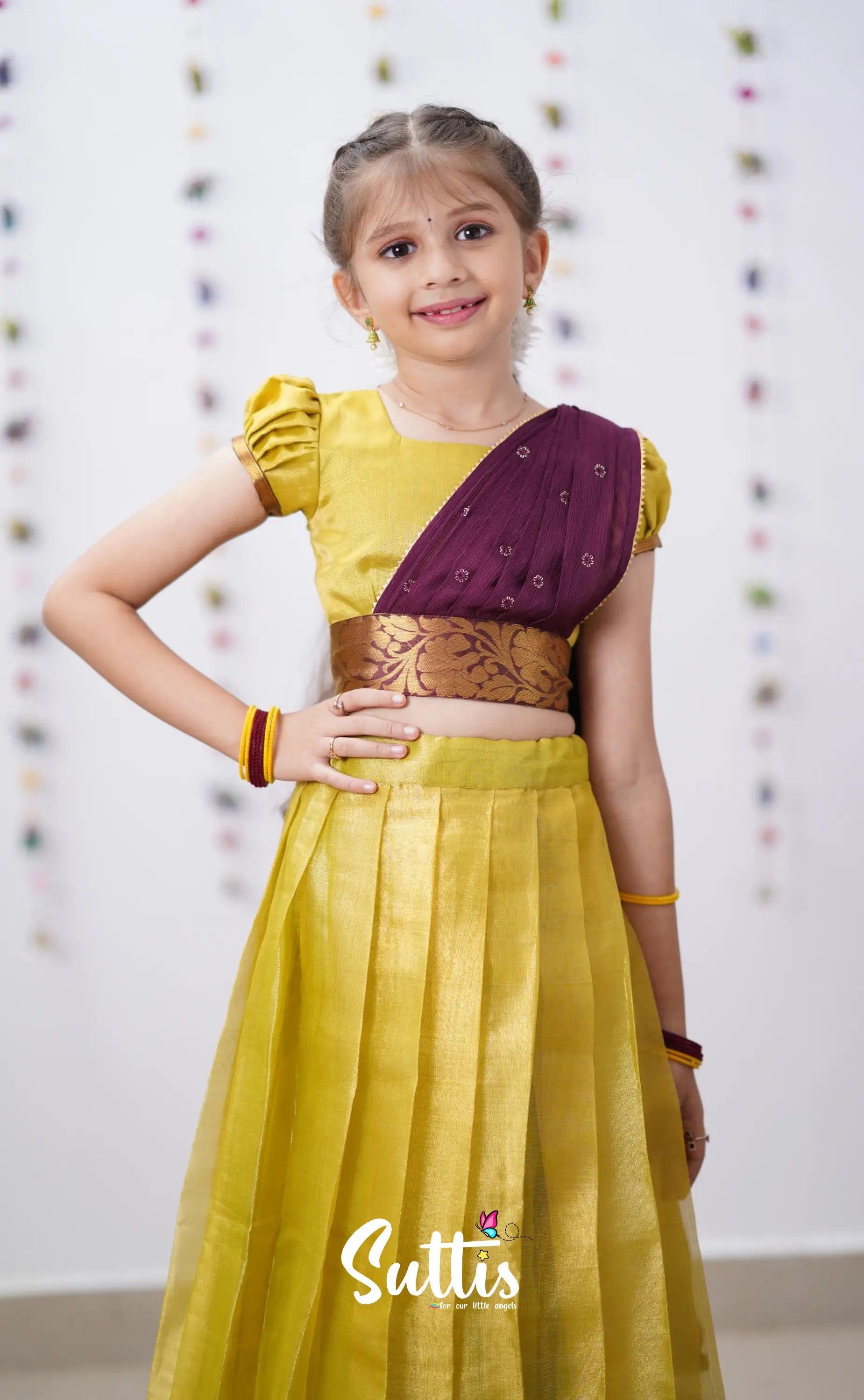 Kumaari Yellowish Green Shade And Brownish Maroon Tone Organza Half Saree Kids-Suttis