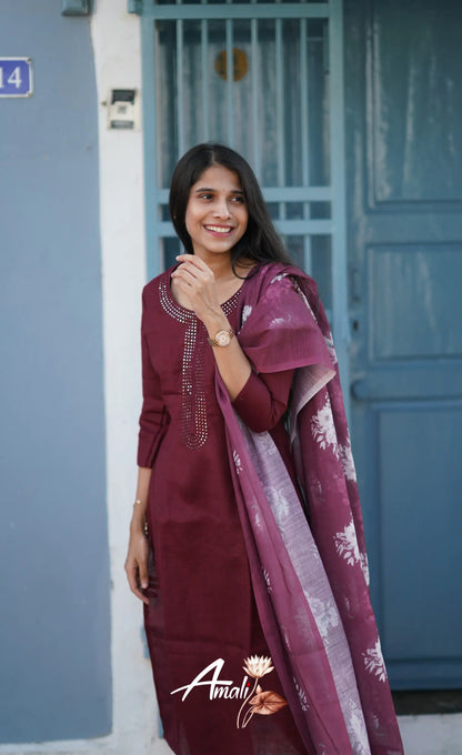 Laila Semi Linen Salwar - Maroon Salwar