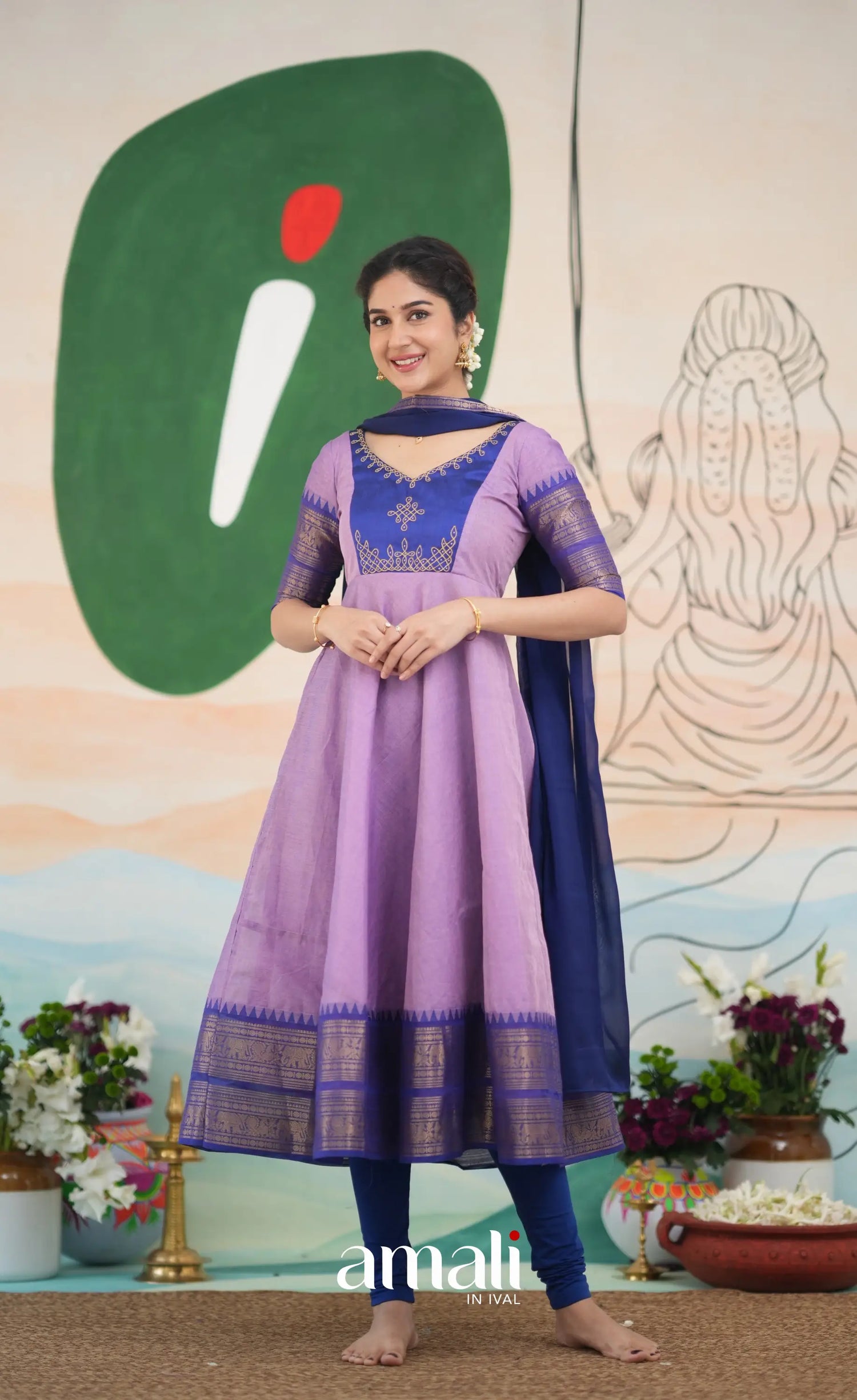 Lavender and Dark Blue Cotton Anarkali Anarkalis