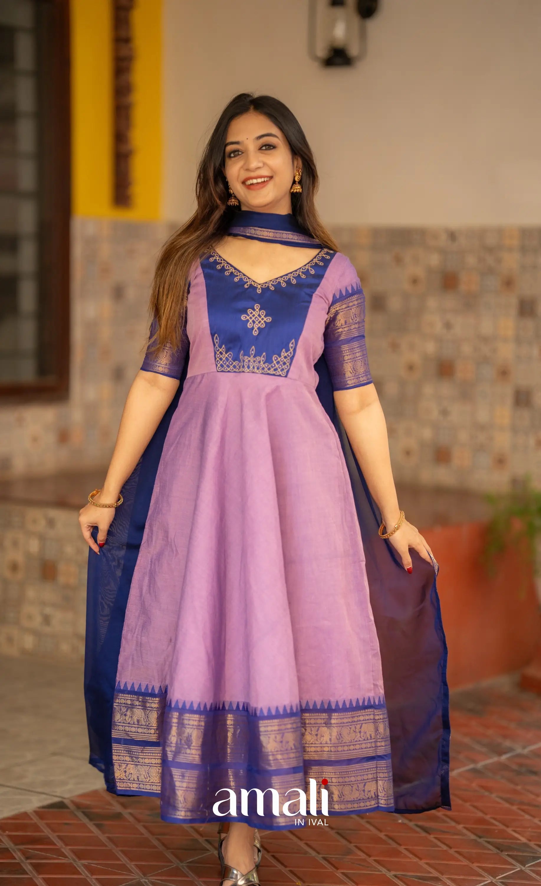 Lavender and Dark Blue Cotton Anarkali Anarkalis