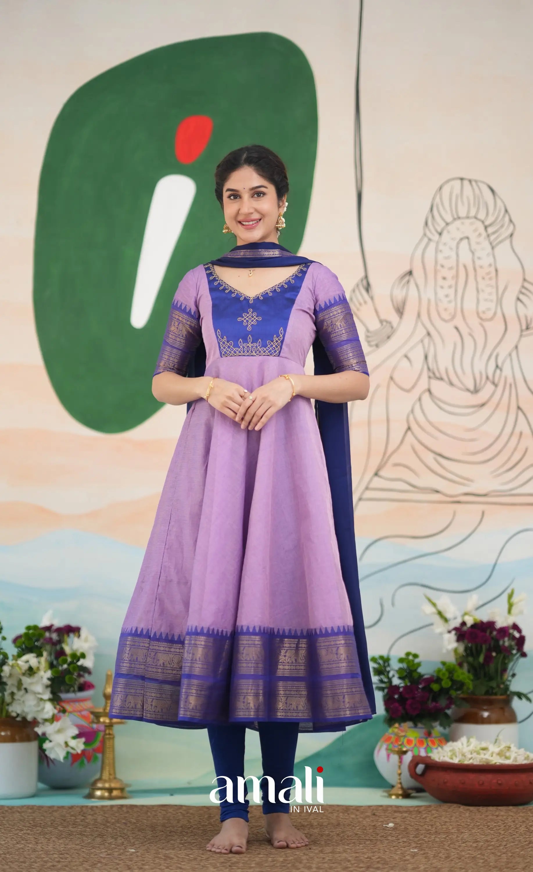 Lavender and Dark Blue Cotton Anarkali Anarkalis