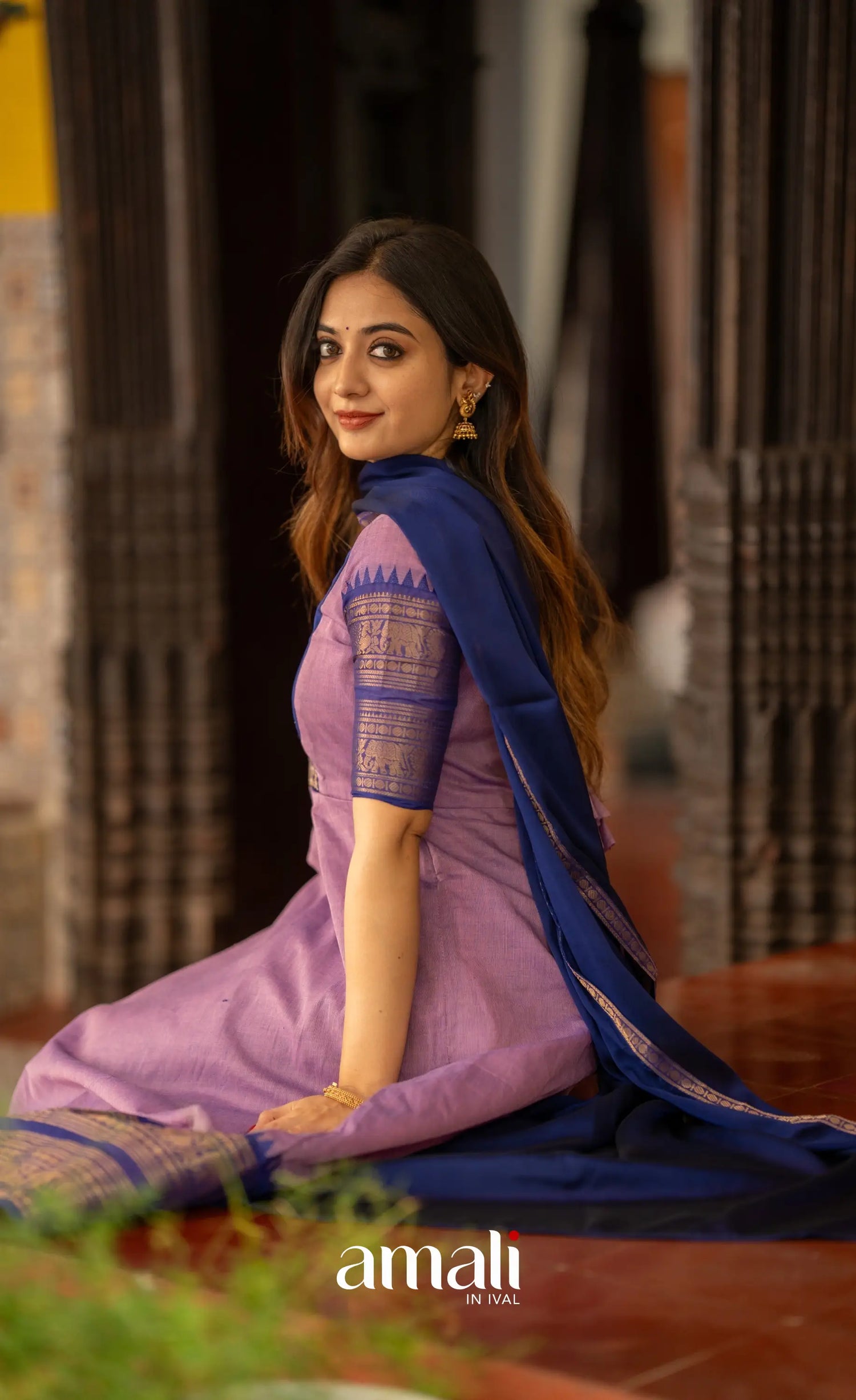 Lavender and Dark Blue Cotton Anarkali Anarkalis