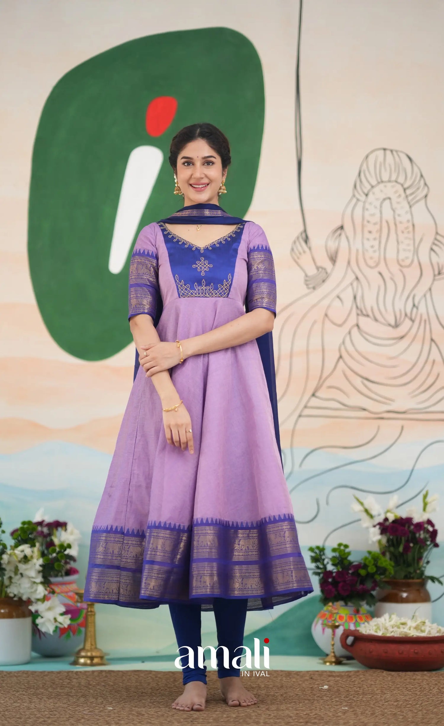 Lavender and Dark Blue Cotton Anarkali Anarkalis