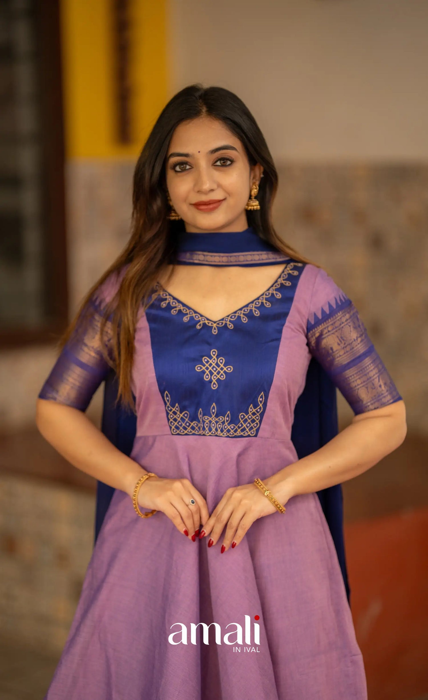 Lavender and Dark Blue Cotton Anarkali Anarkalis