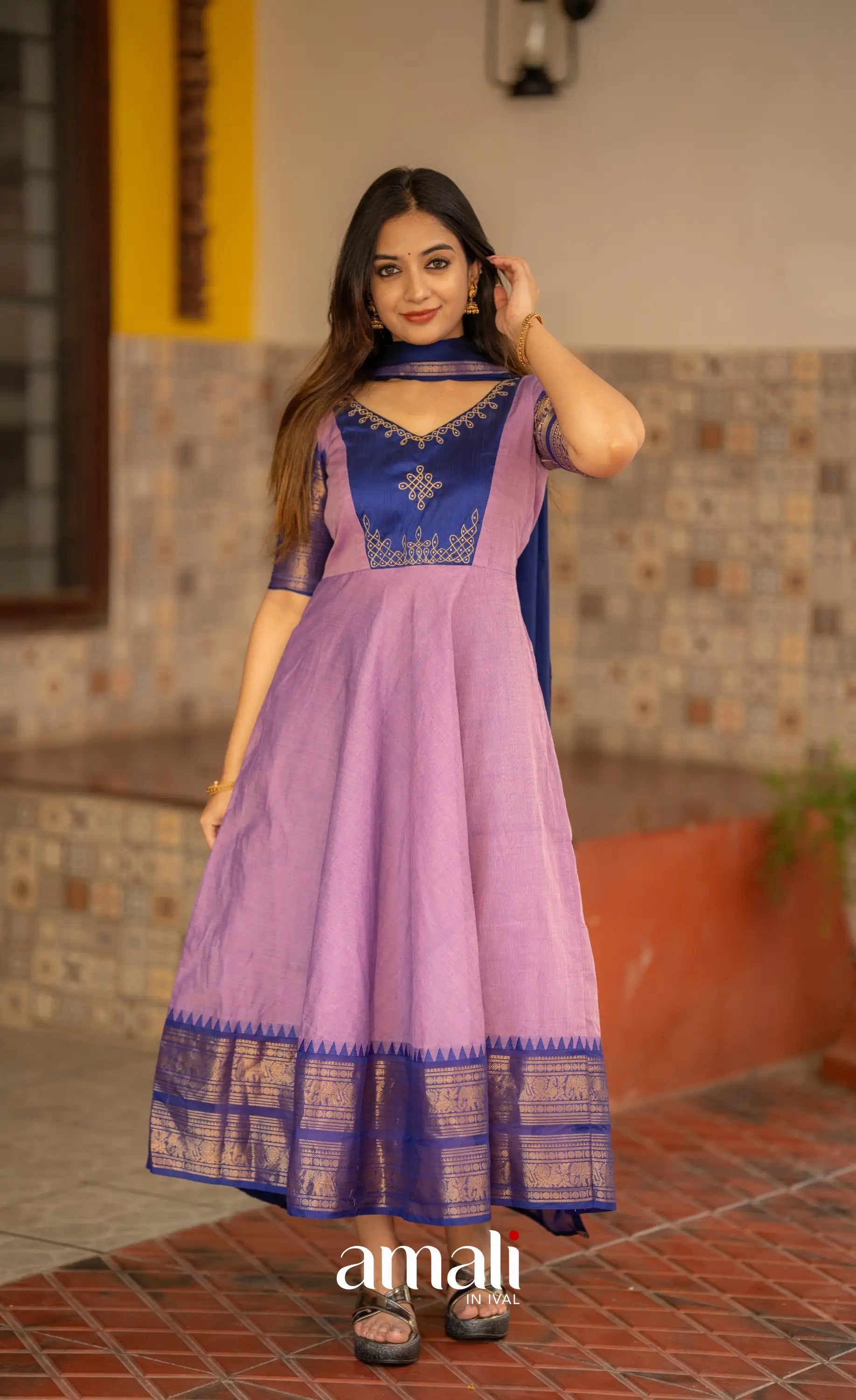 Lavender and Dark Blue Cotton Anarkali Anarkalis