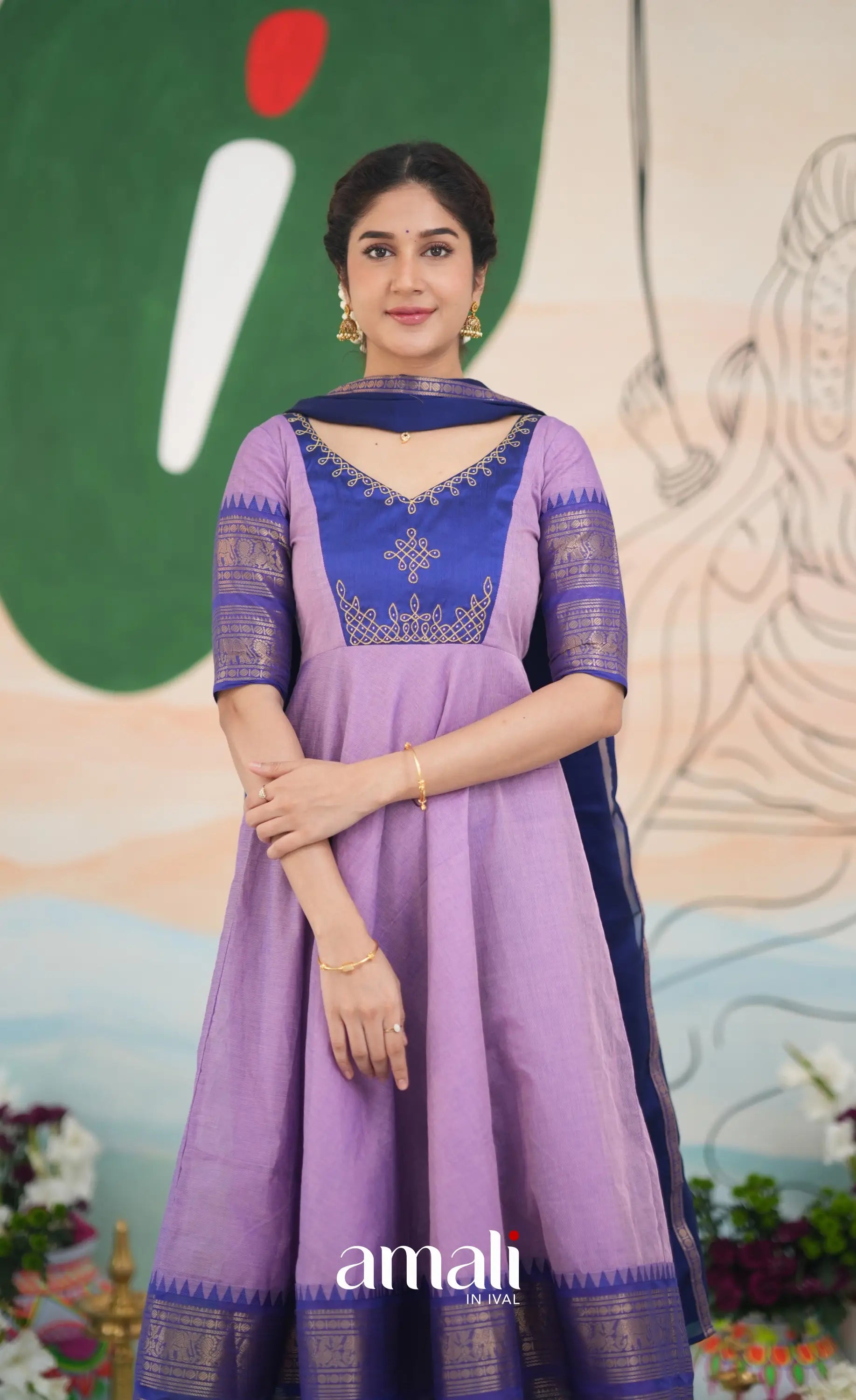 Lavender and Dark Blue Cotton Anarkali Anarkalis