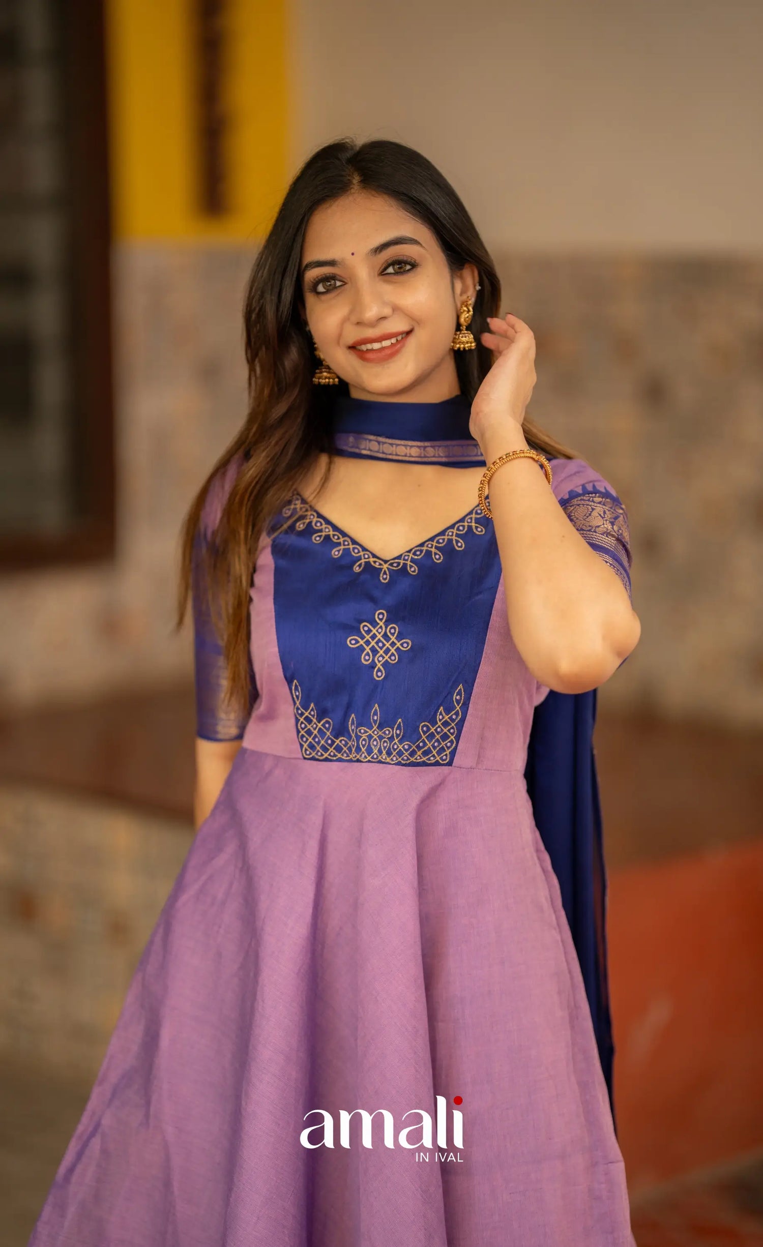 Lavender and Dark Blue Cotton Anarkali Anarkalis
