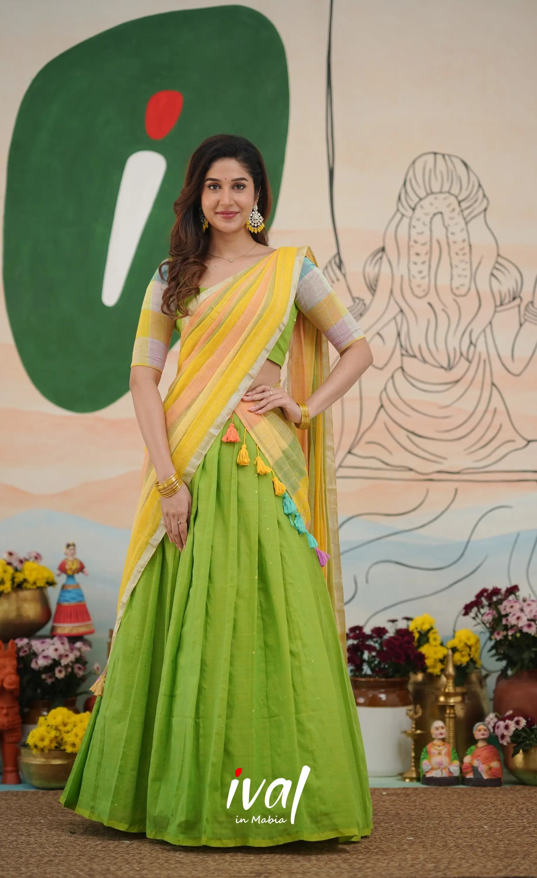 Leaf green with Yellow cotton Halfsaree Half Sarees