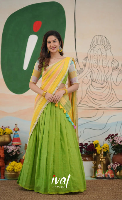 Leaf green with Yellow cotton Halfsaree Half Sarees