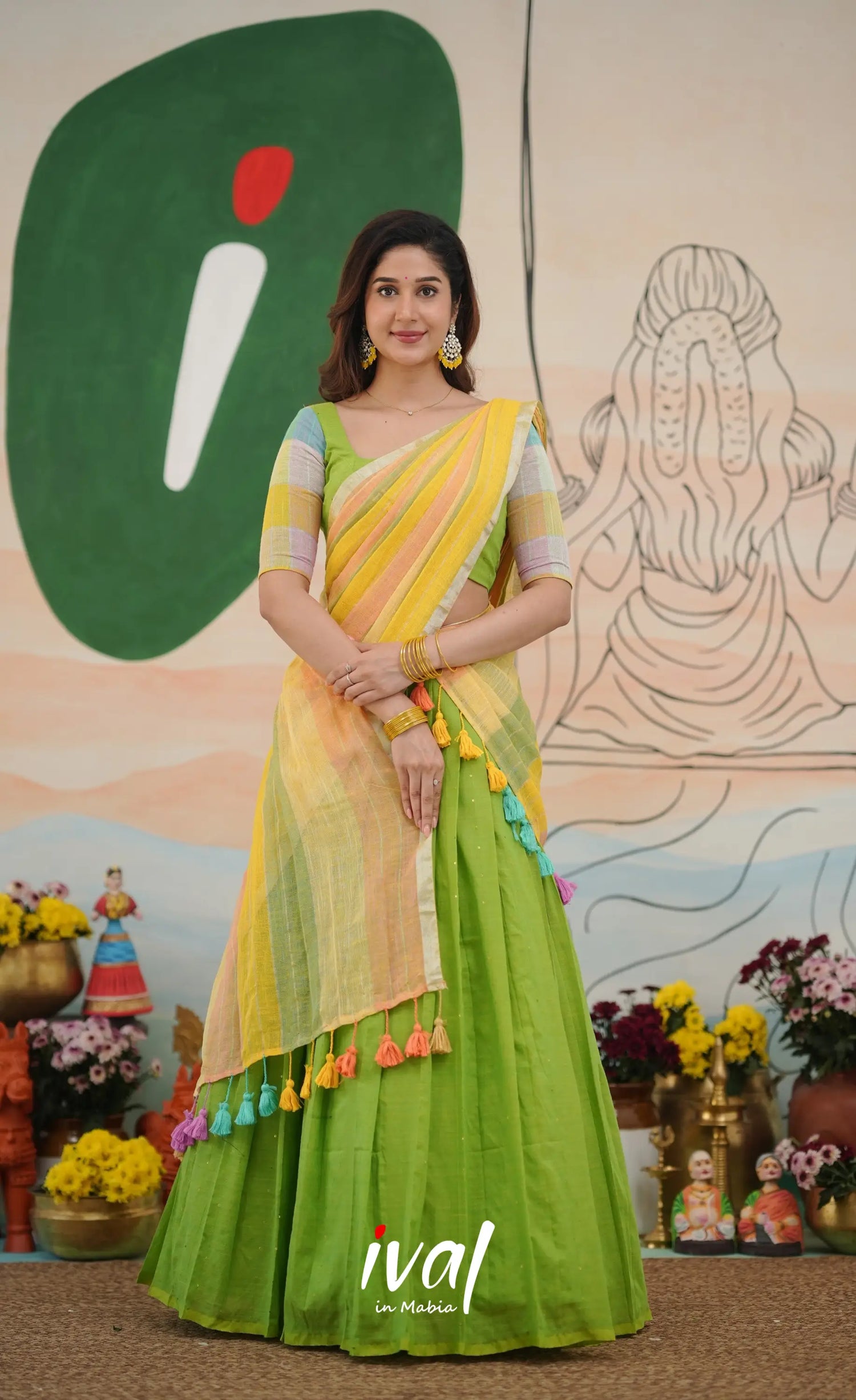 Leaf green with Yellow cotton Halfsaree Half Sarees