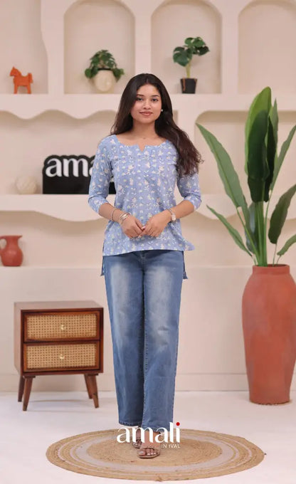 Light blue and White Jaipur Hand Block-Printed Short Top - salwar