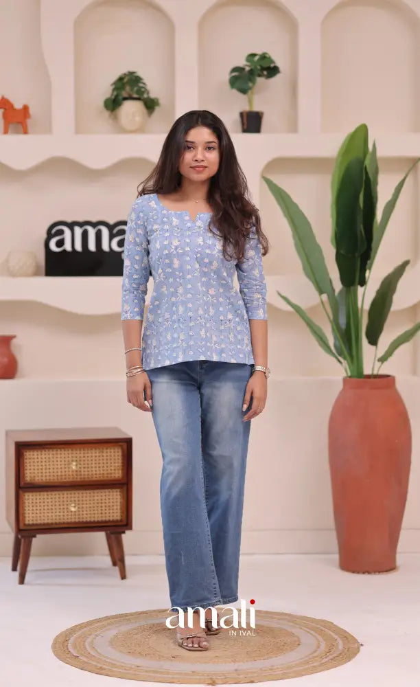Light blue and White Jaipur Hand Block-Printed Short Top - salwar