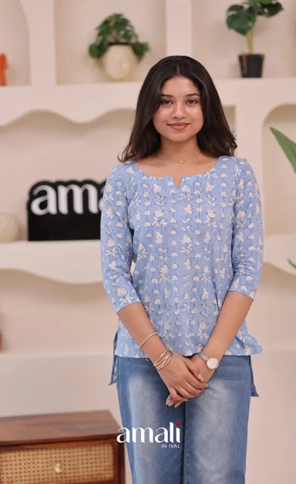 Light blue and White Jaipur Hand Block-Printed Short Top - salwar