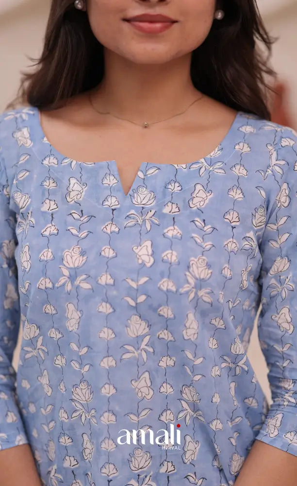 Light blue and White Jaipur Hand Block-Printed Short Top - salwar